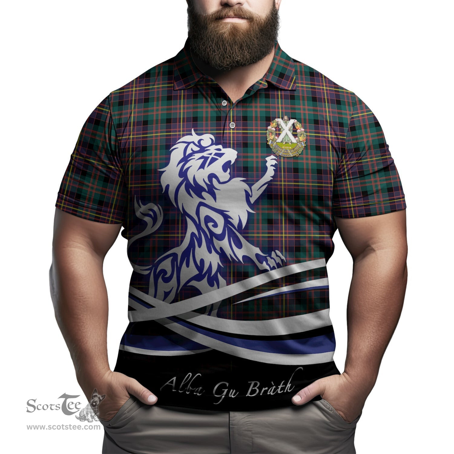 ScotsTee Shop Scottish Cameron Highlanders of Ottawa Clan Crest Tartan Polo Shirt Alba Gu Brath Regal Lion Emblem