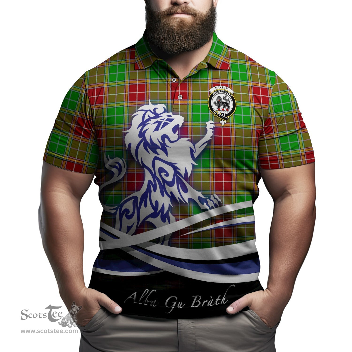 ScotsTee Shop Scottish Baxter Modern Clan Crest Tartan Polo Shirt Alba Gu Brath Regal Lion Emblem