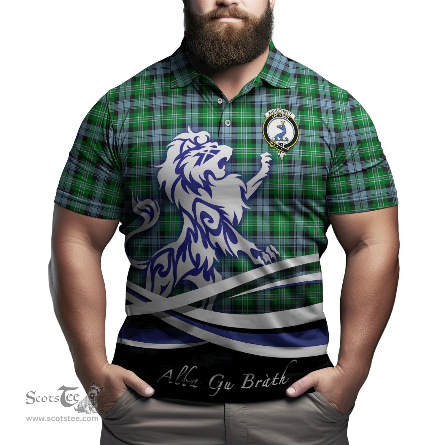 ScotsTee Shop Scottish Arbuthnot Ancient Clan Crest Tartan Polo Shirt Alba Gu Brath Regal Lion Emblem