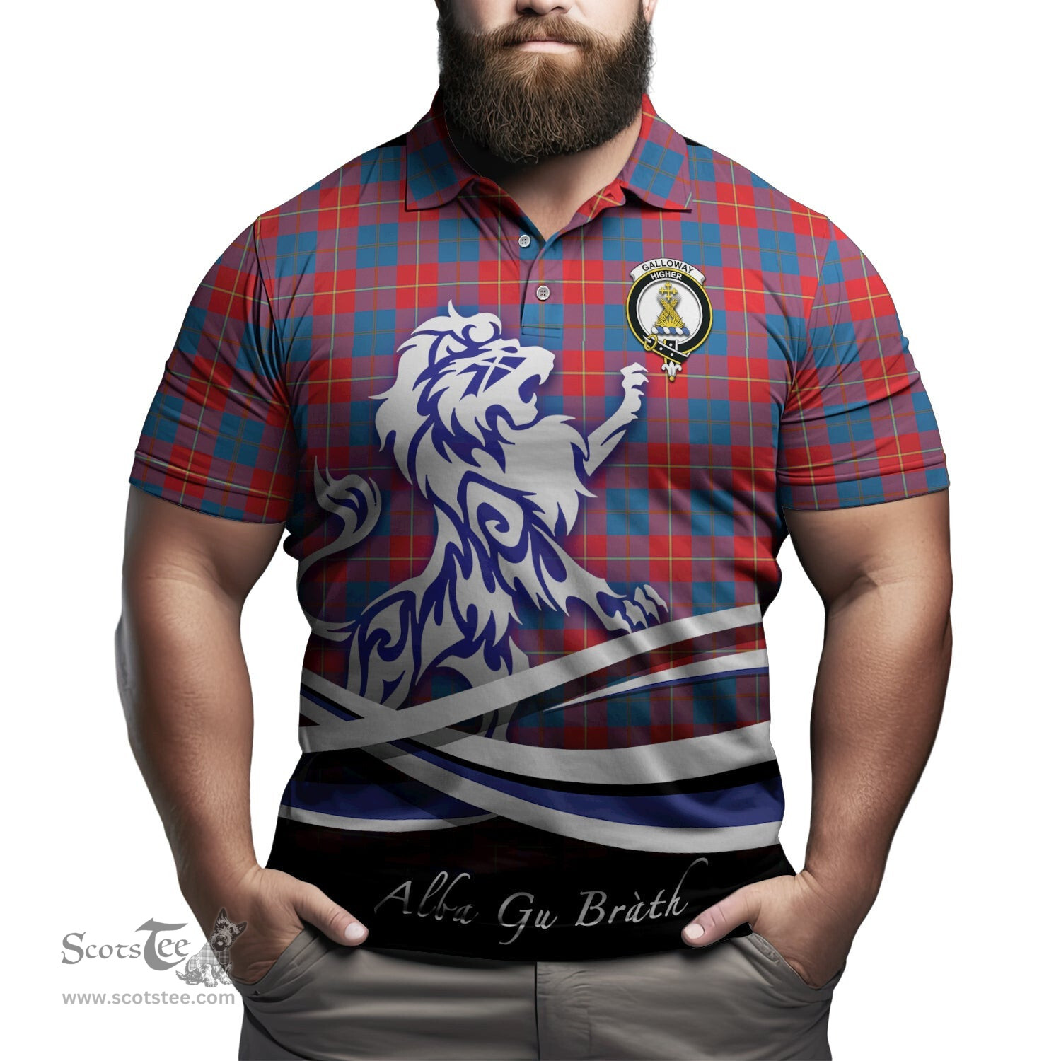 ScotsTee Shop Scottish Galloway Red Clan Crest Tartan Polo Shirt Alba Gu Brath Regal Lion Emblem