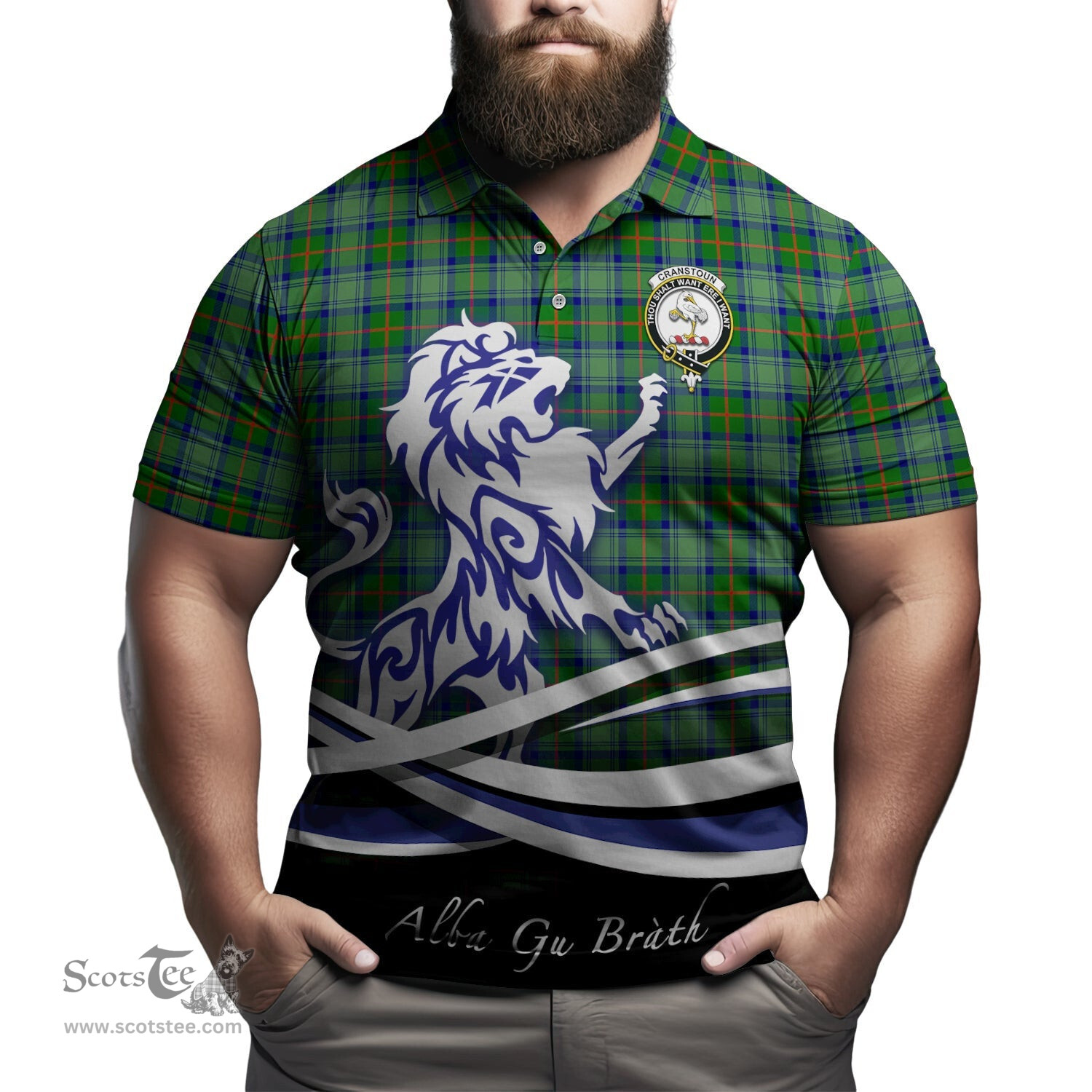ScotsTee Shop Scottish Cranstoun Clan Crest Tartan Polo Shirt Alba Gu Brath Regal Lion Emblem