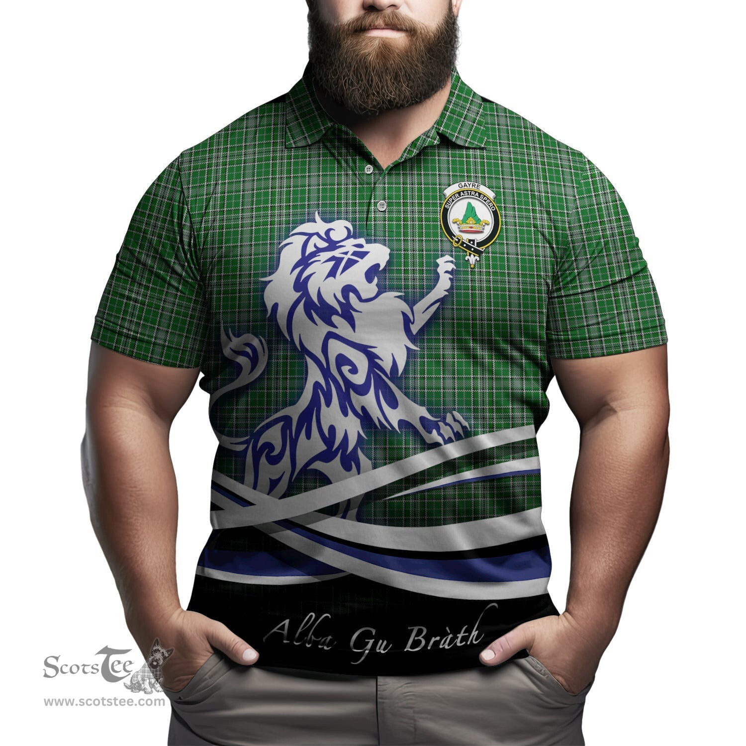 ScotsTee Shop Scottish Gayre Dress Clan Crest Tartan Polo Shirt Alba Gu Brath Regal Lion Emblem