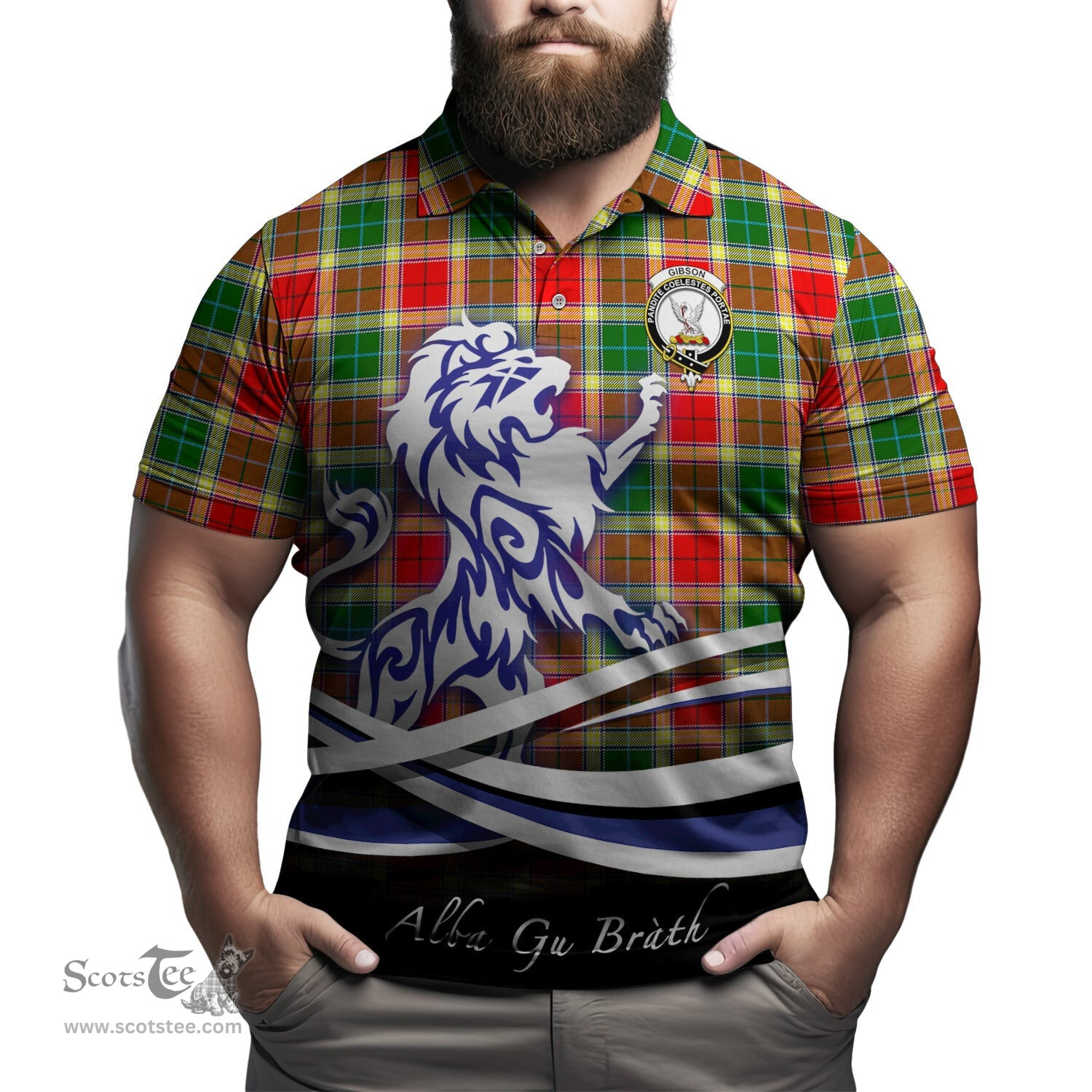 ScotsTee Shop Scottish Gibson Clan Crest Tartan Polo Shirt Alba Gu Brath Regal Lion Emblem