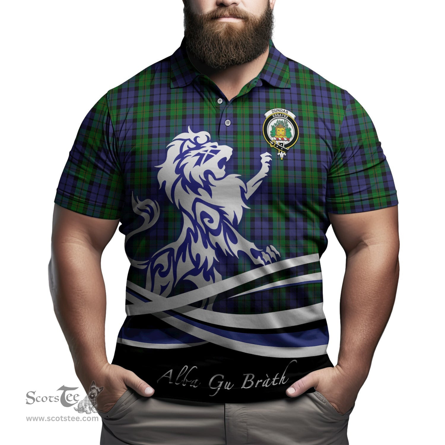 ScotsTee Shop Scottish Dundas Clan Crest Tartan Polo Shirt Alba Gu Brath Regal Lion Emblem