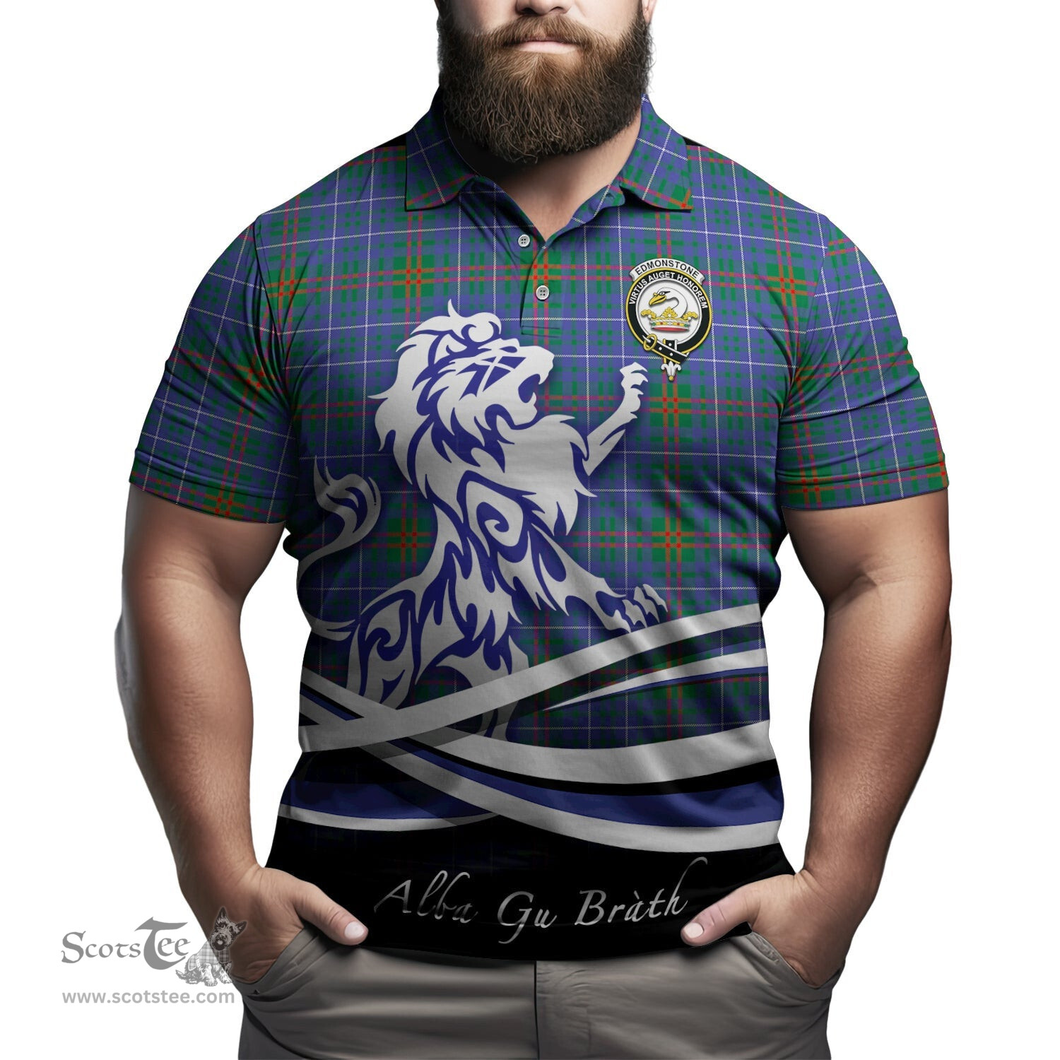 ScotsTee Shop Scottish Edmonstone Clan Crest Tartan Polo Shirt Alba Gu Brath Regal Lion Emblem