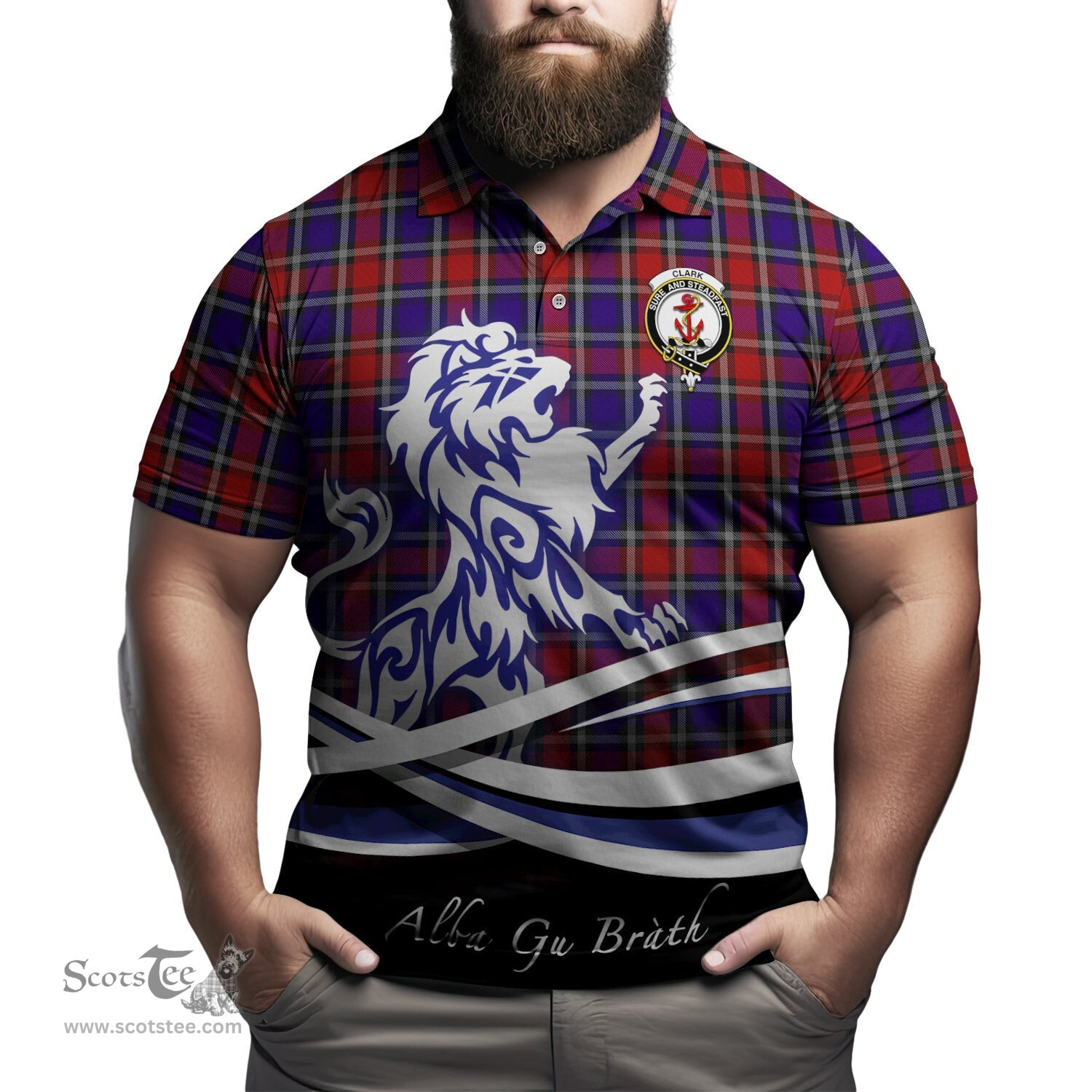 ScotsTee Shop Scottish Clark Red Clan Crest Tartan Polo Shirt Alba Gu Brath Regal Lion Emblem