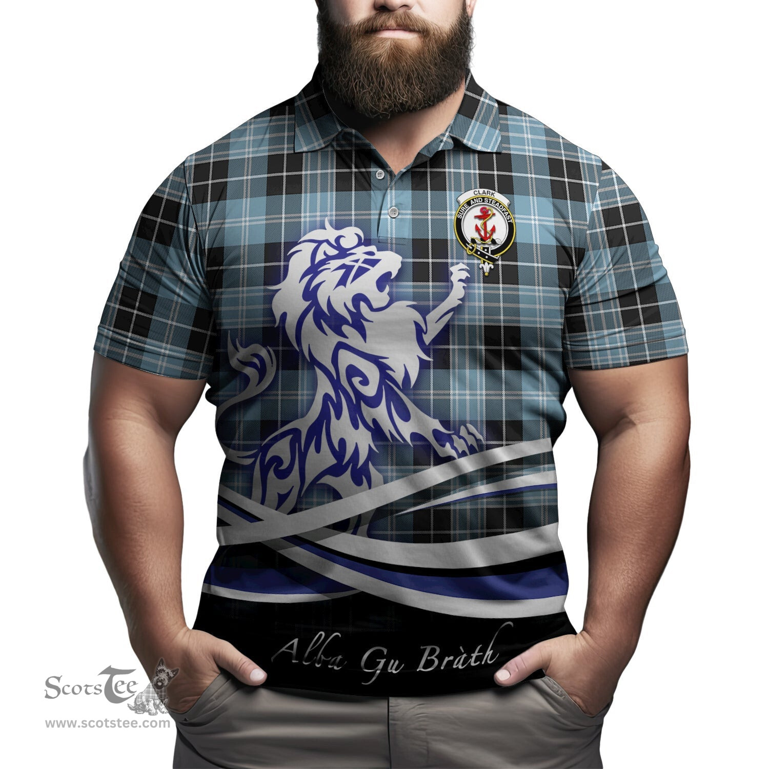 ScotsTee Shop Scottish Clark Ancient Clan Crest Tartan Polo Shirt Alba Gu Brath Regal Lion Emblem