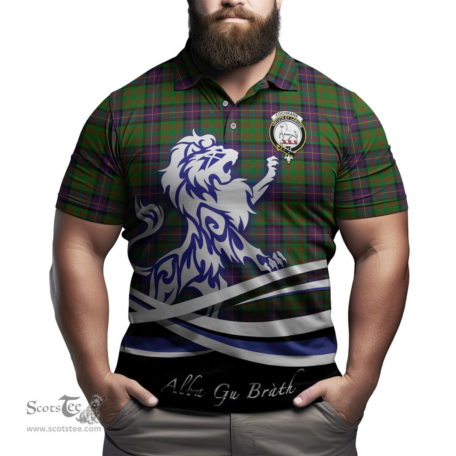 ScotsTee Shop Scottish Cochrane Clan Crest Tartan Polo Shirt Alba Gu Brath Regal Lion Emblem