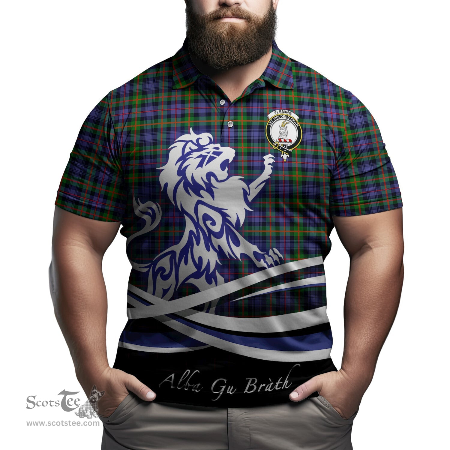 ScotsTee Shop Scottish Fleming Clan Crest Tartan Polo Shirt Alba Gu Brath Regal Lion Emblem