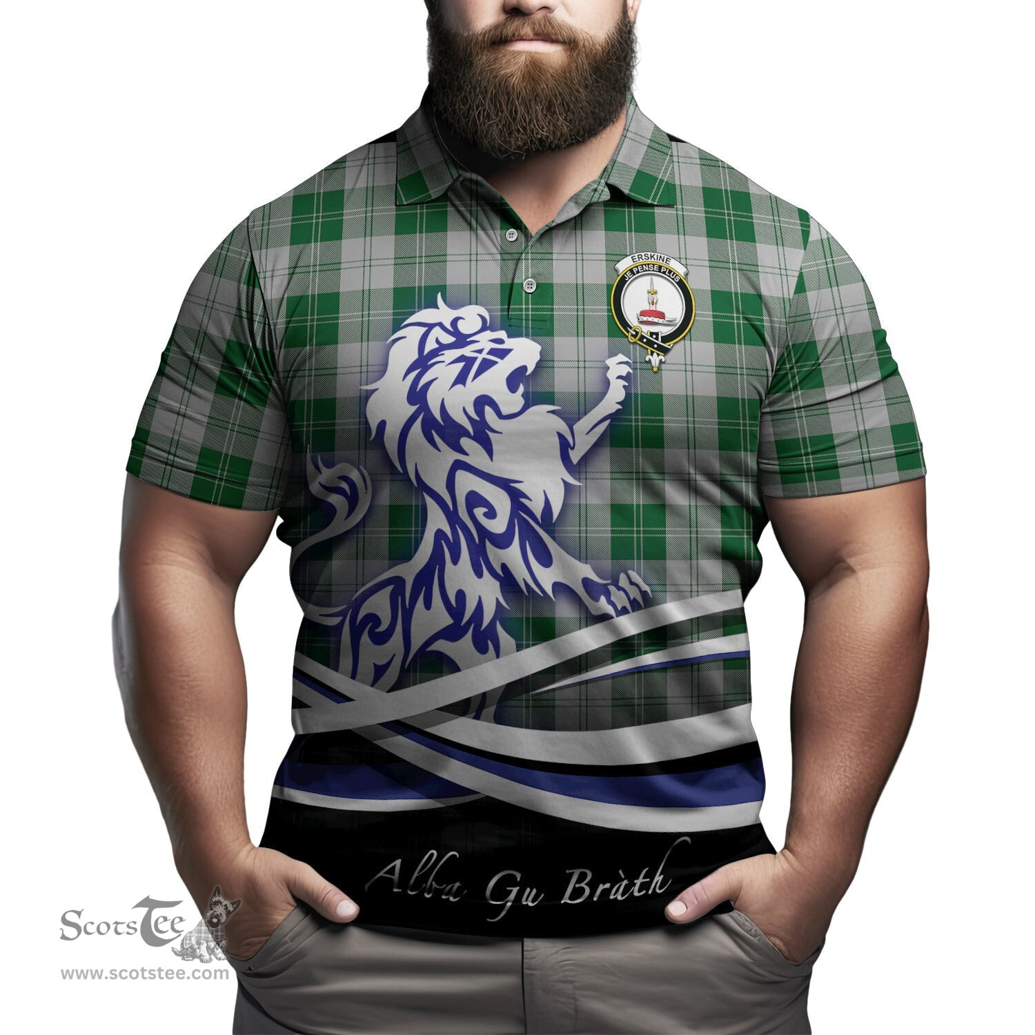 ScotsTee Shop Scottish Erskine Green Clan Crest Tartan Polo Shirt Alba Gu Brath Regal Lion Emblem