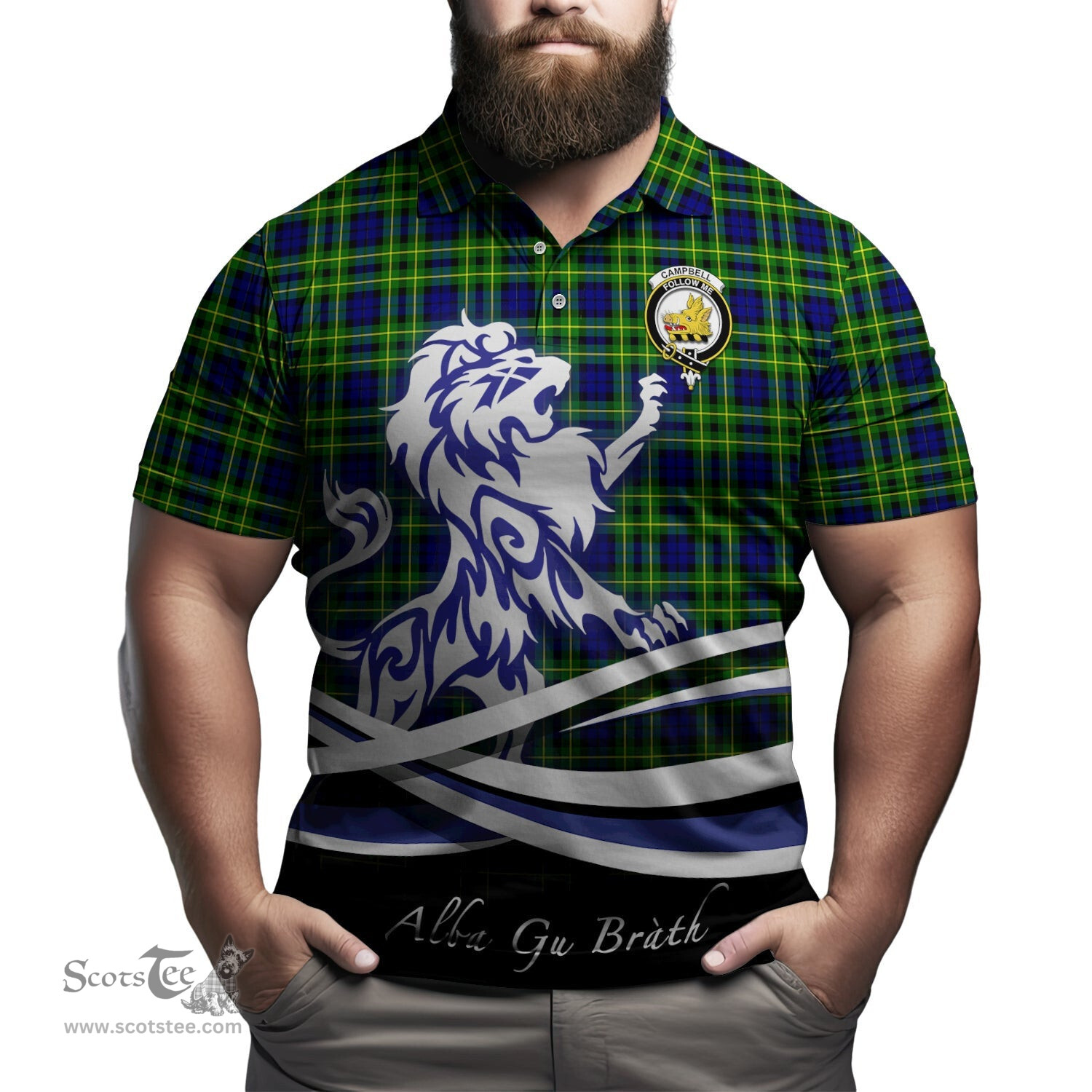 ScotsTee Shop Scottish Campbell of Breadalbane Modern Clan Crest Tartan Polo Shirt Alba Gu Brath Regal Lion Emblem