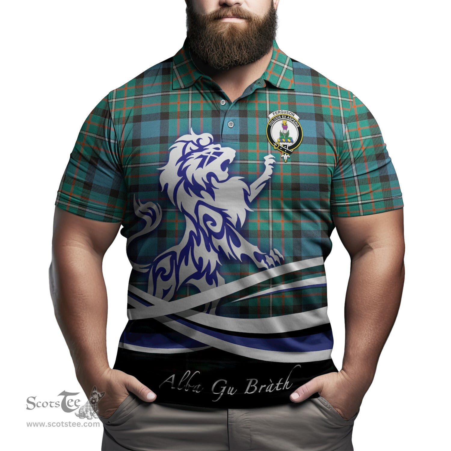 ScotsTee Shop Scottish Ferguson Ancient Clan Crest Tartan Polo Shirt Alba Gu Brath Regal Lion Emblem