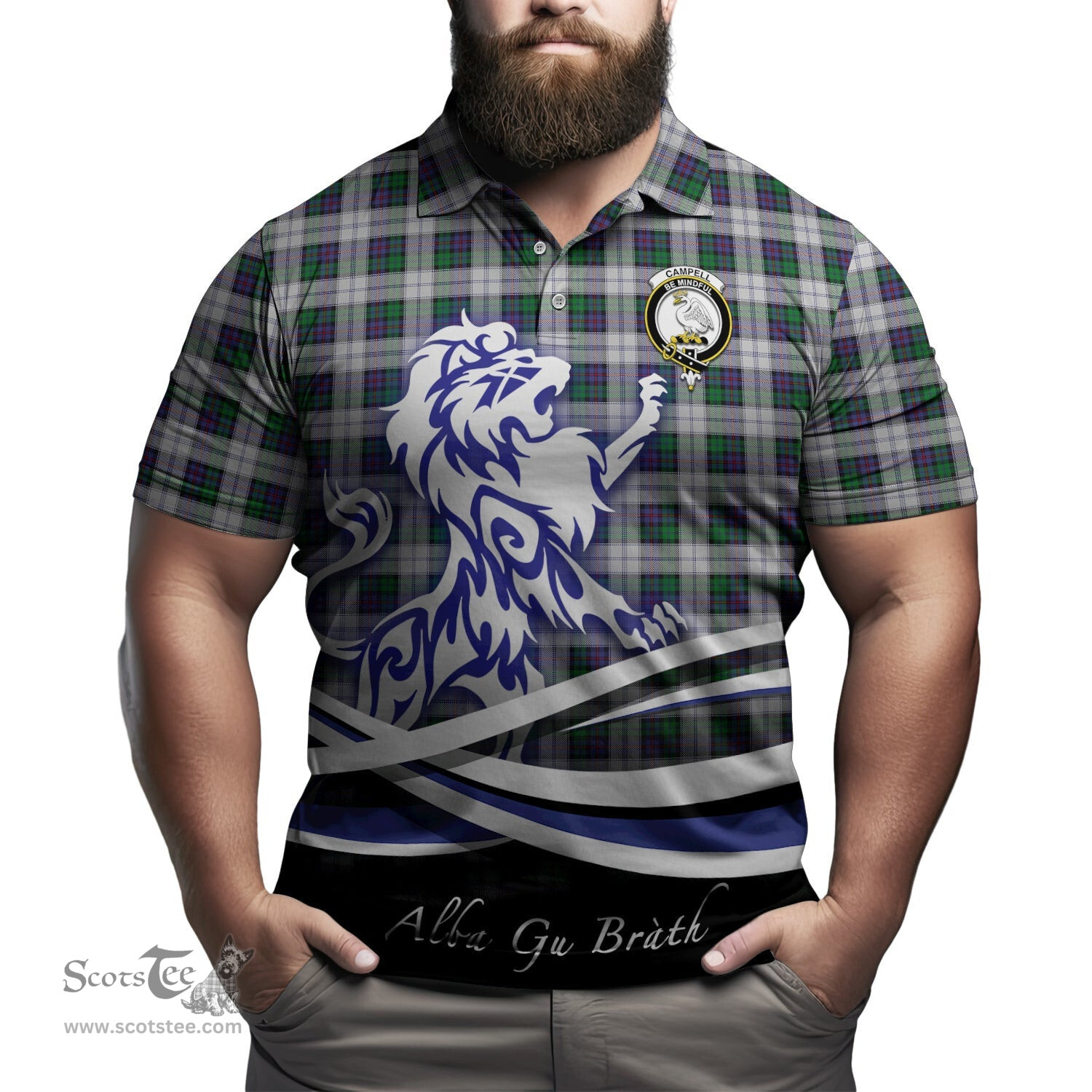 ScotsTee Shop Scottish Campbell of Cawdor Dress Clan Crest Tartan Polo Shirt Alba Gu Brath Regal Lion Emblem