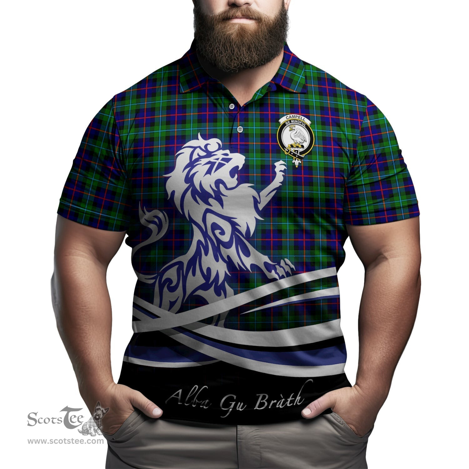 ScotsTee Shop Scottish Campbell of Cawdor Modern Clan Crest Tartan Polo Shirt Alba Gu Brath Regal Lion Emblem