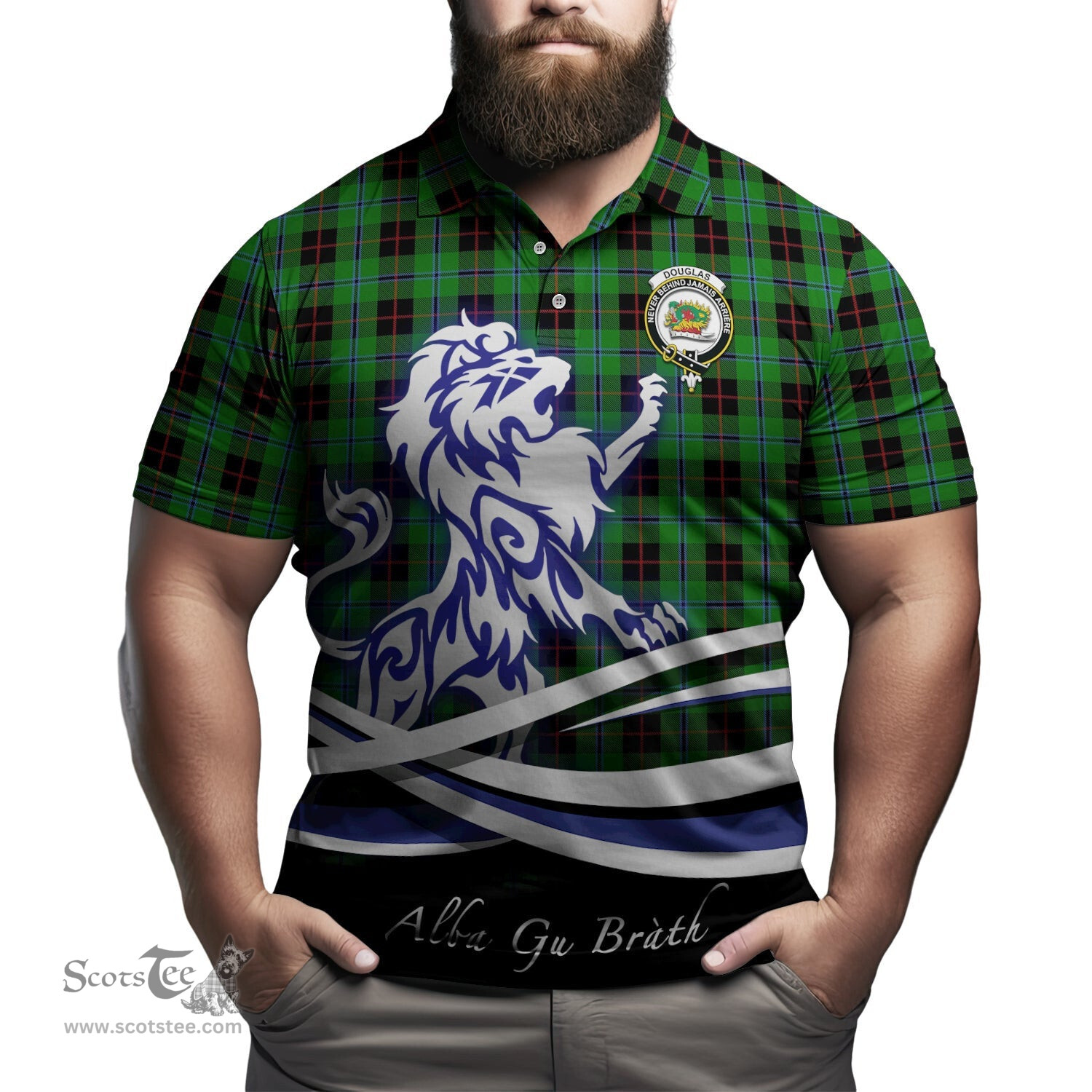 ScotsTee Shop Scottish Douglas Black Clan Crest Tartan Polo Shirt Alba Gu Brath Regal Lion Emblem