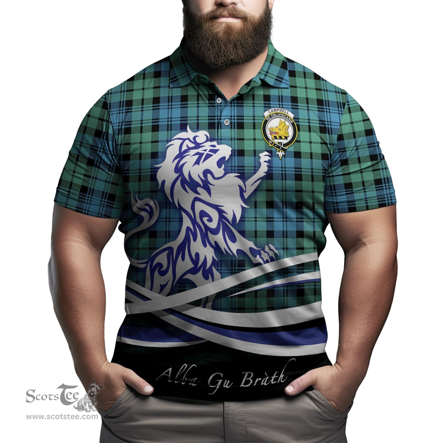 ScotsTee Shop Scottish Campbell Ancient 01 Clan Crest Tartan Polo Shirt Alba Gu Brath Regal Lion Emblem