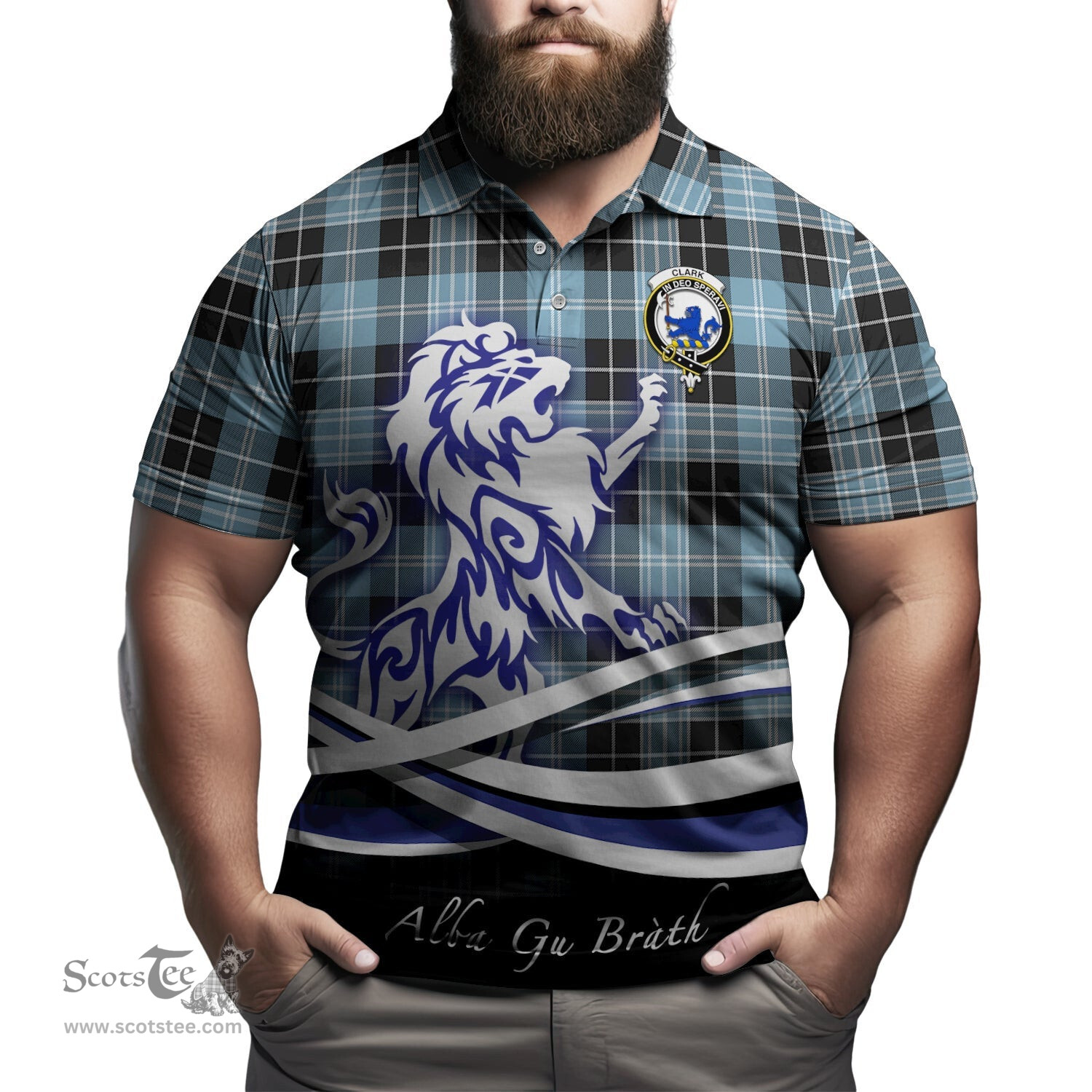 ScotsTee Shop Scottish Clark (Lion) Ancient Clan Crest Tartan Polo Shirt Alba Gu Brath Regal Lion Emblem