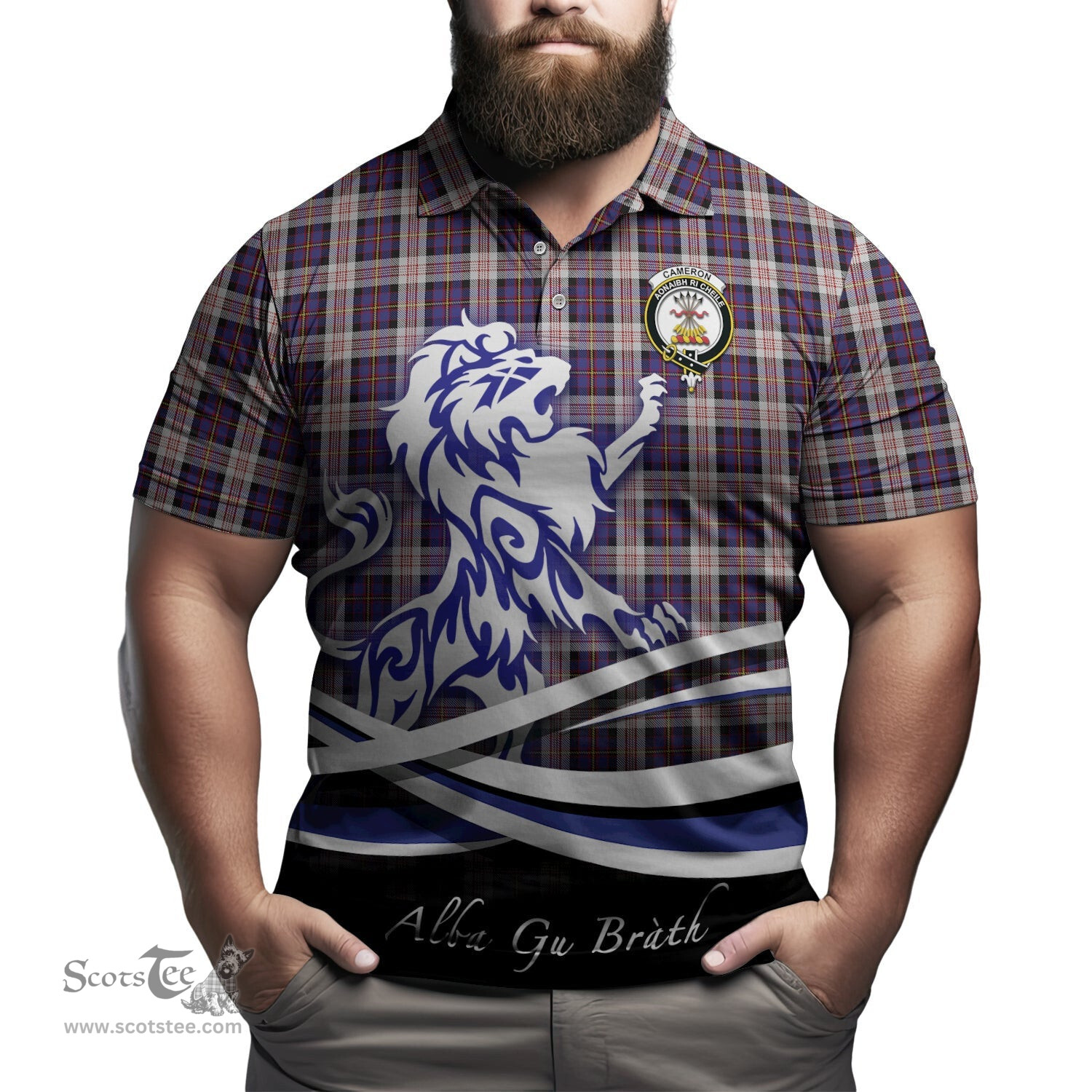 ScotsTee Shop Scottish Cameron of Erracht Dress Clan Crest Tartan Polo Shirt Alba Gu Brath Regal Lion Emblem