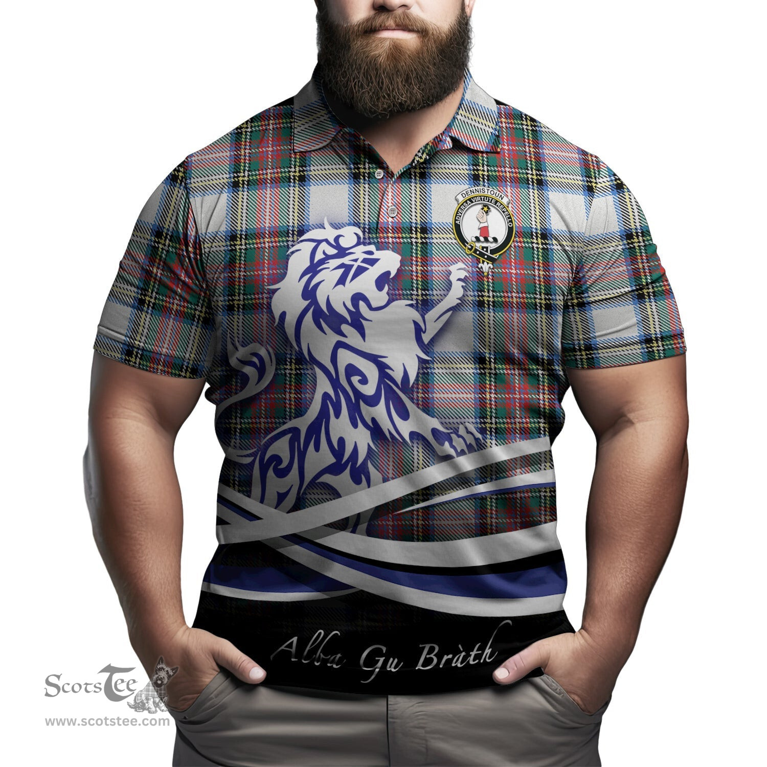 ScotsTee Shop Scottish Dennistoun Clan Crest Tartan Polo Shirt Alba Gu Brath Regal Lion Emblem