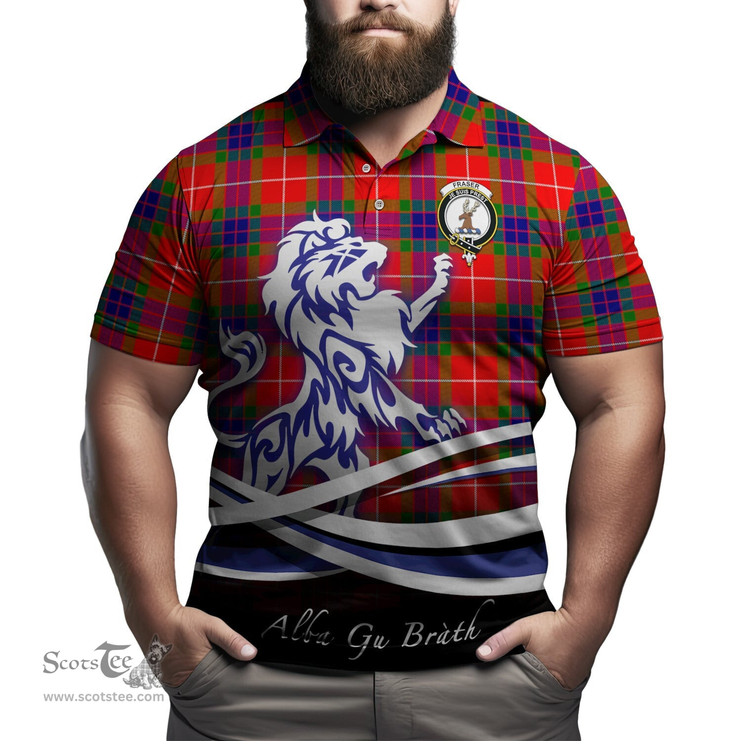ScotsTee Shop Scottish Fraser Modern Clan Crest Tartan Polo Shirt Alba Gu Brath Regal Lion Emblem