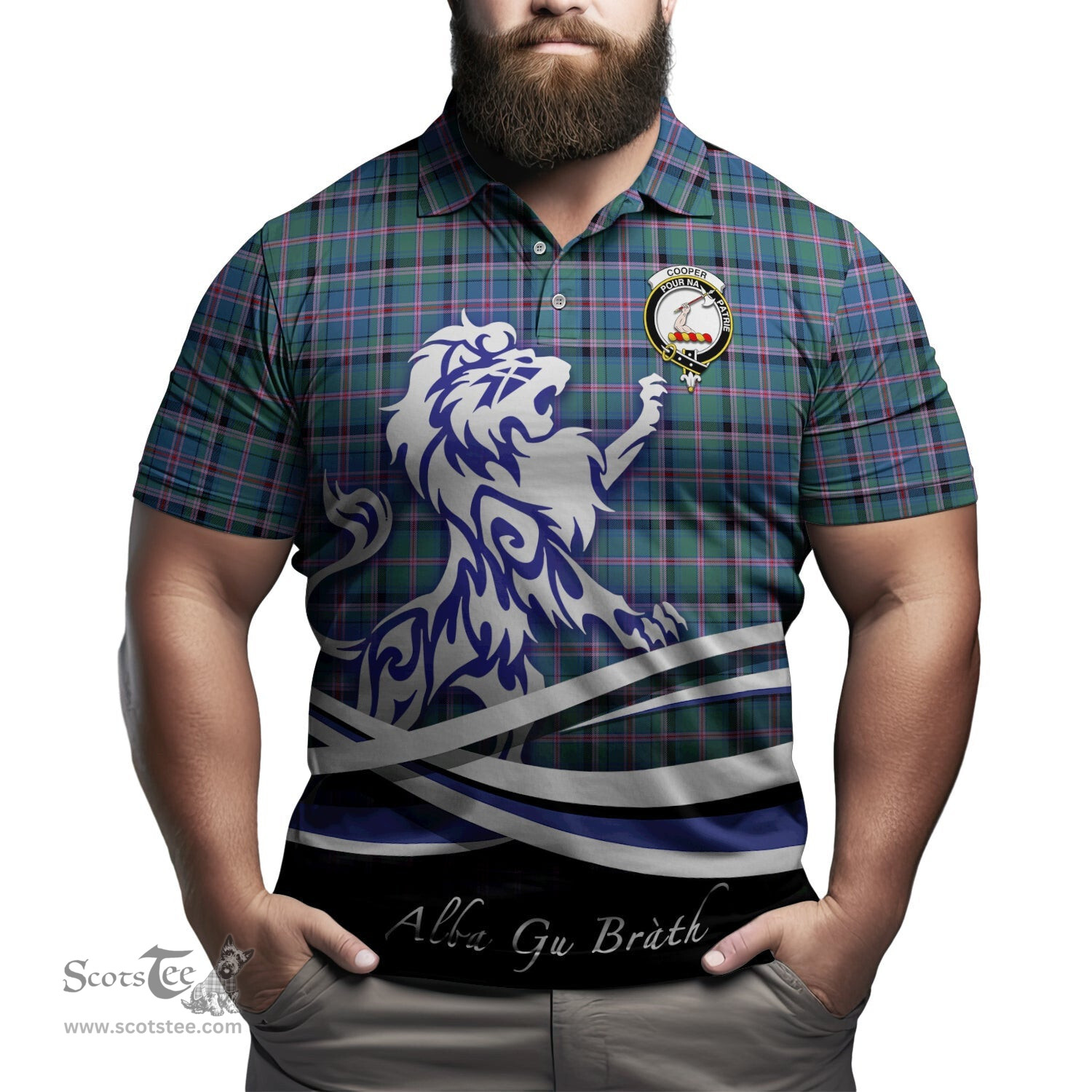 ScotsTee Shop Scottish Cooper Clan Crest Tartan Polo Shirt Alba Gu Brath Regal Lion Emblem