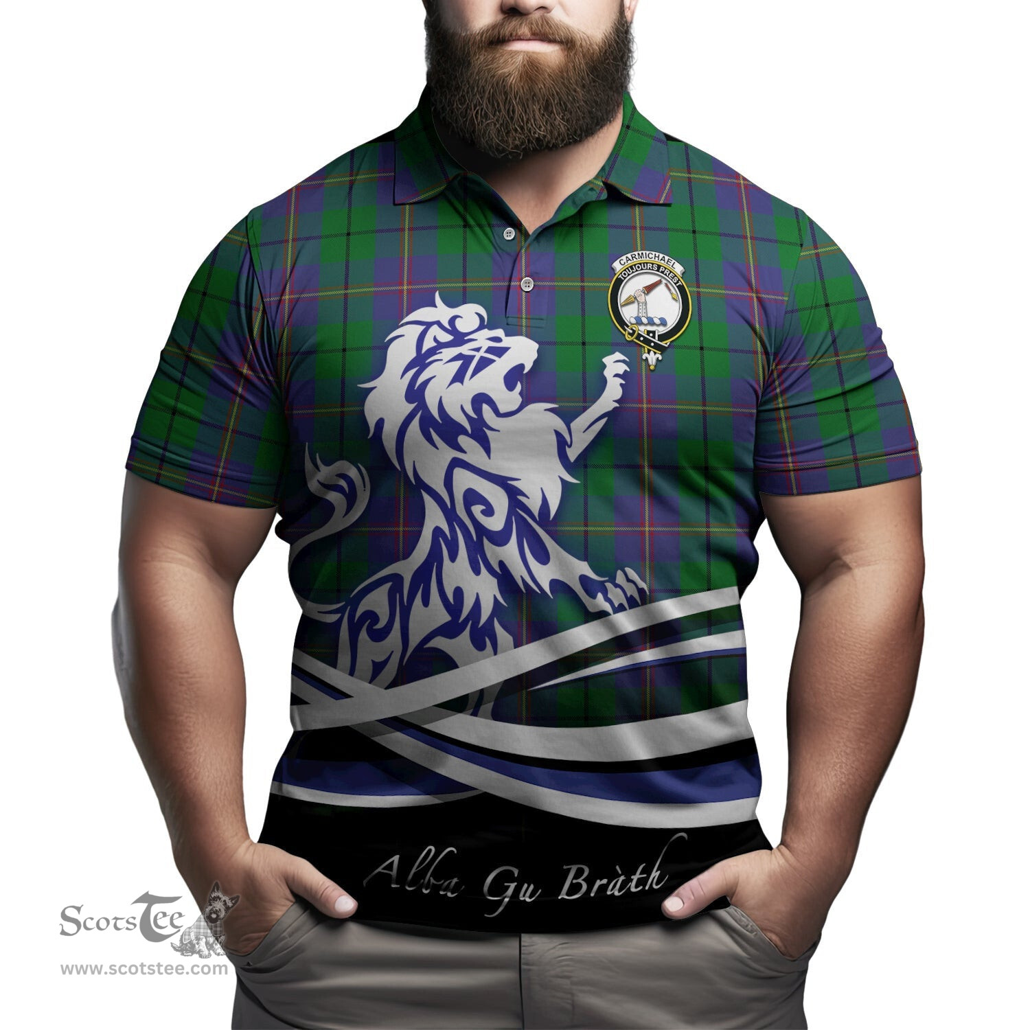 ScotsTee Shop Scottish Carmichael Clan Crest Tartan Polo Shirt Alba Gu Brath Regal Lion Emblem