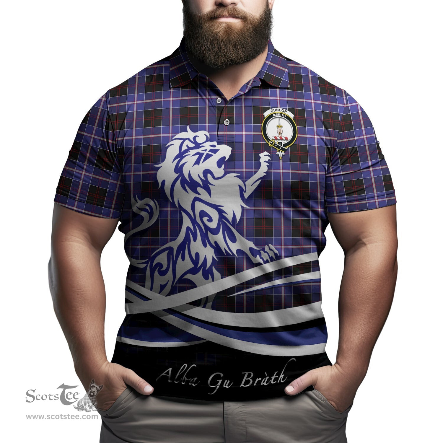 ScotsTee Shop Scottish Dunlop Modern Clan Crest Tartan Polo Shirt Alba Gu Brath Regal Lion Emblem