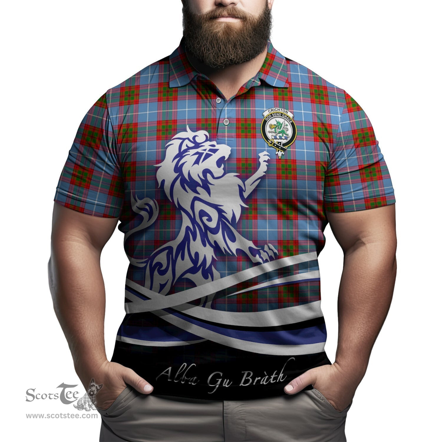 ScotsTee Shop Scottish Crichton Clan Crest Tartan Polo Shirt Alba Gu Brath Regal Lion Emblem