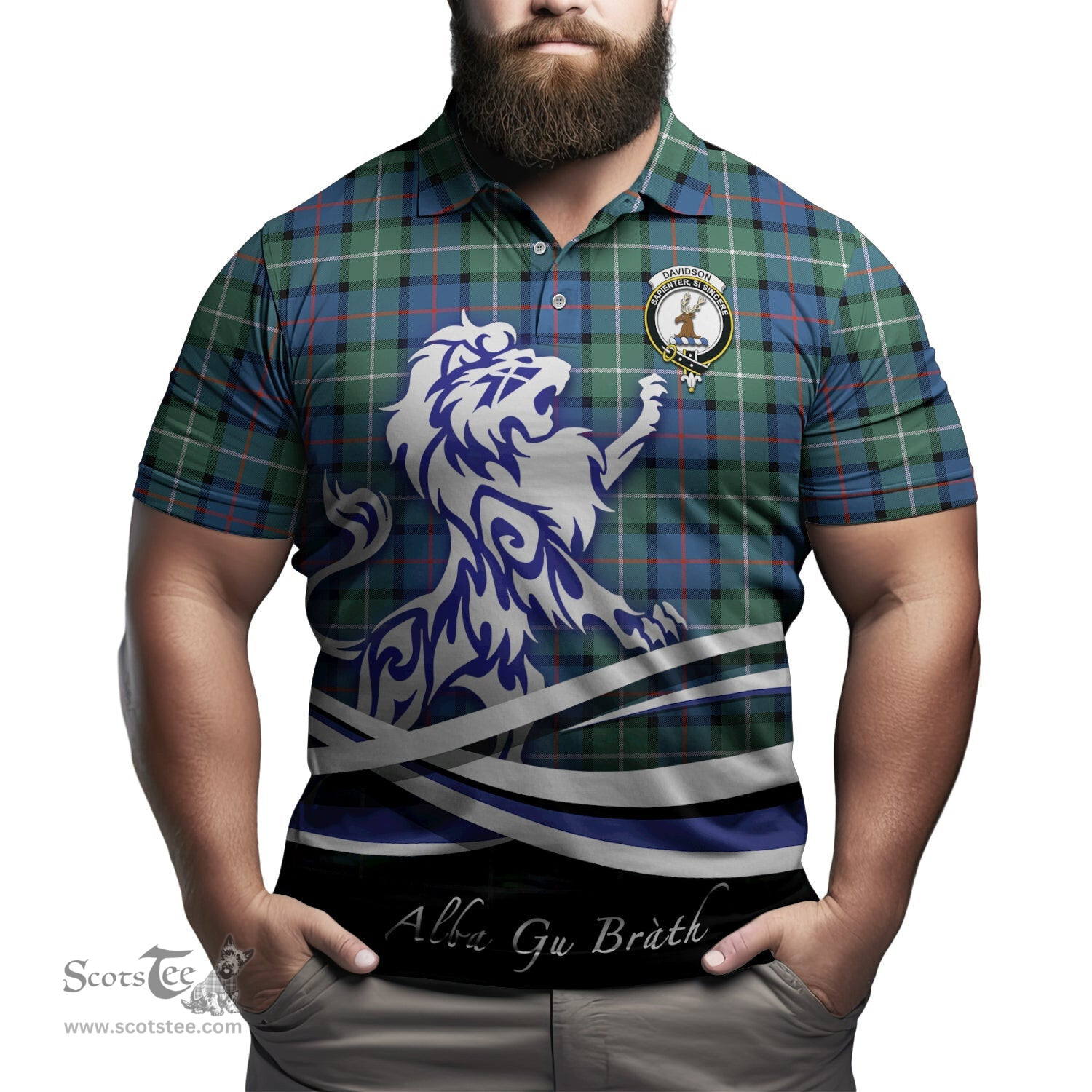 ScotsTee Shop Scottish Davidson of Tulloch Clan Crest Tartan Polo Shirt Alba Gu Brath Regal Lion Emblem