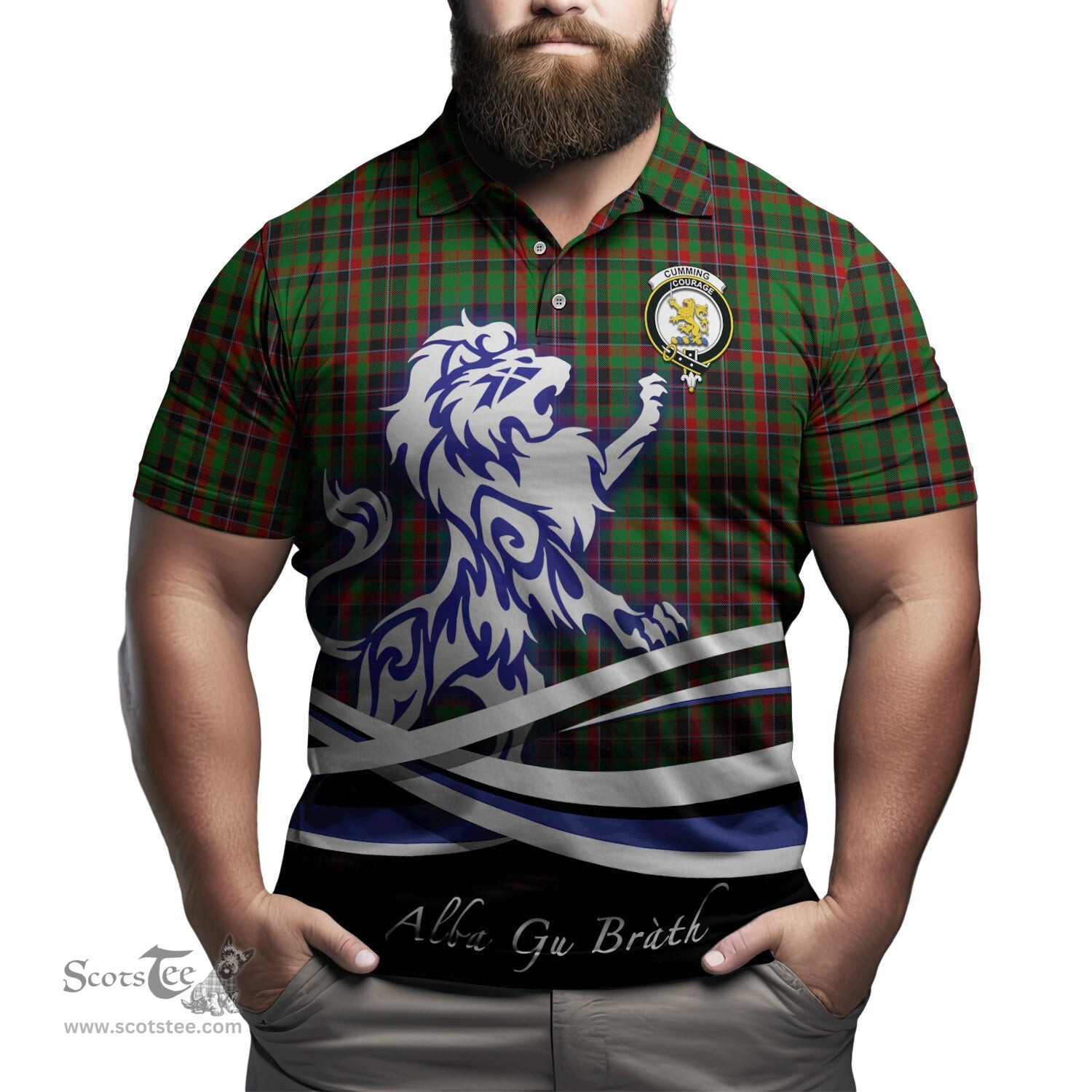 ScotsTee Shop Scottish Cumming Hunting Clan Crest Tartan Polo Shirt Alba Gu Brath Regal Lion Emblem