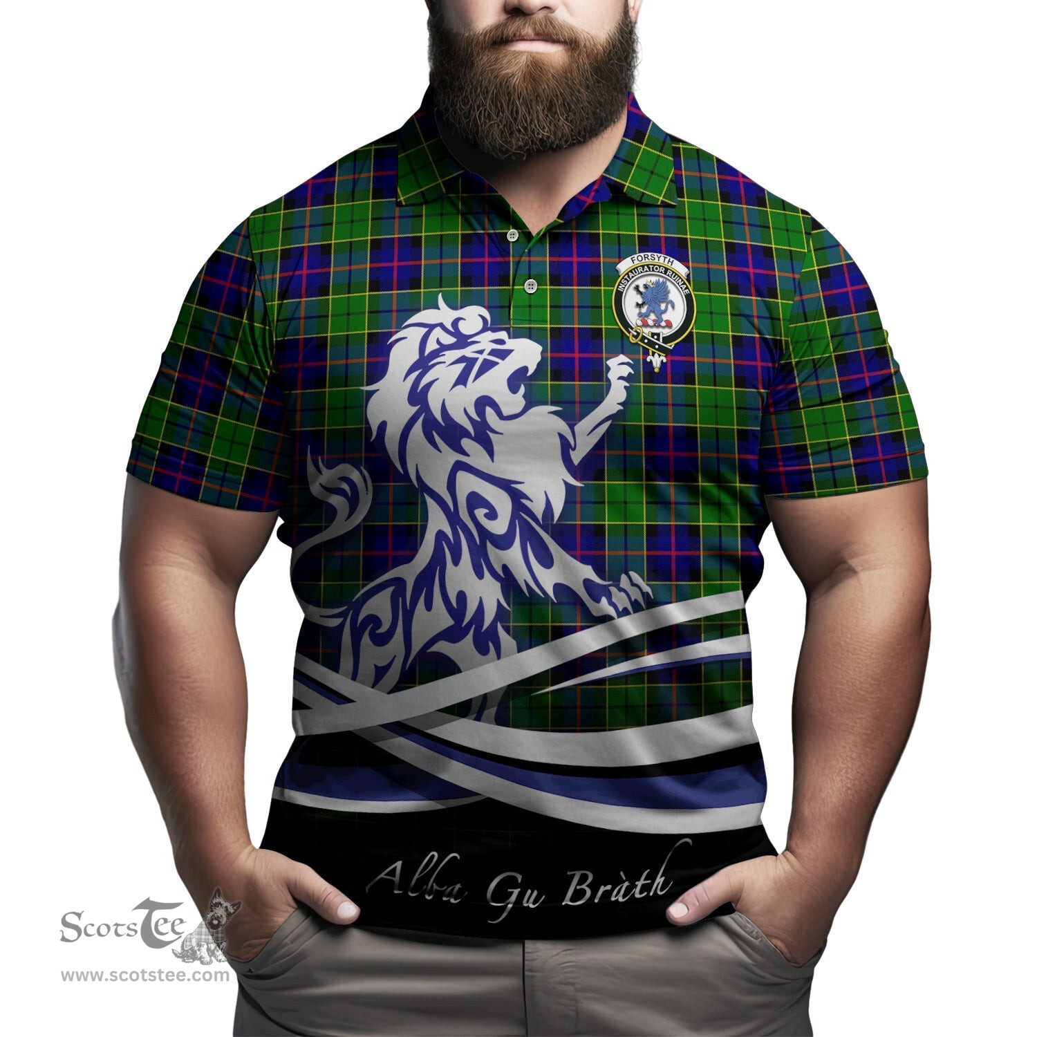 ScotsTee Shop Scottish Forsyth Modern Clan Crest Tartan Polo Shirt Alba Gu Brath Regal Lion Emblem