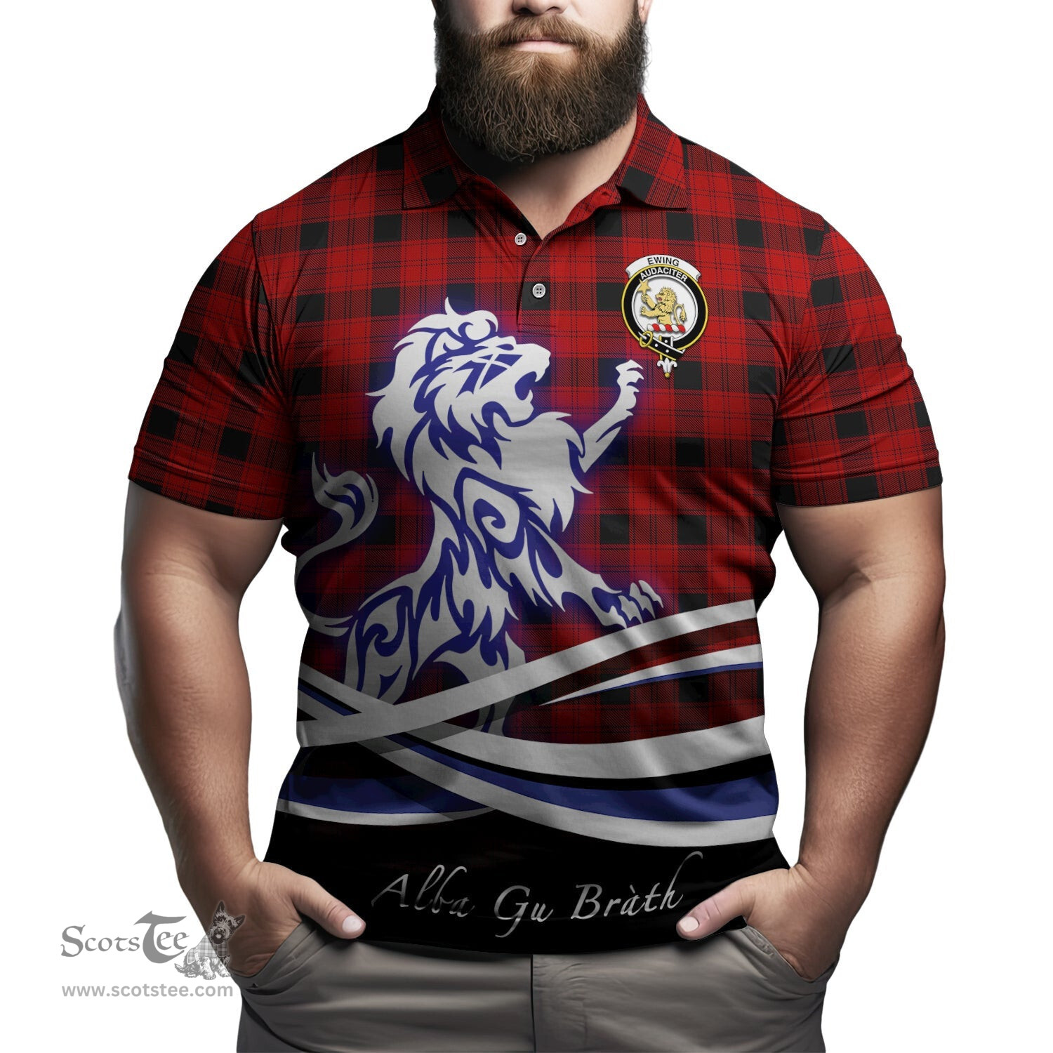 ScotsTee Shop Scottish Ewing Clan Crest Tartan Polo Shirt Alba Gu Brath Regal Lion Emblem