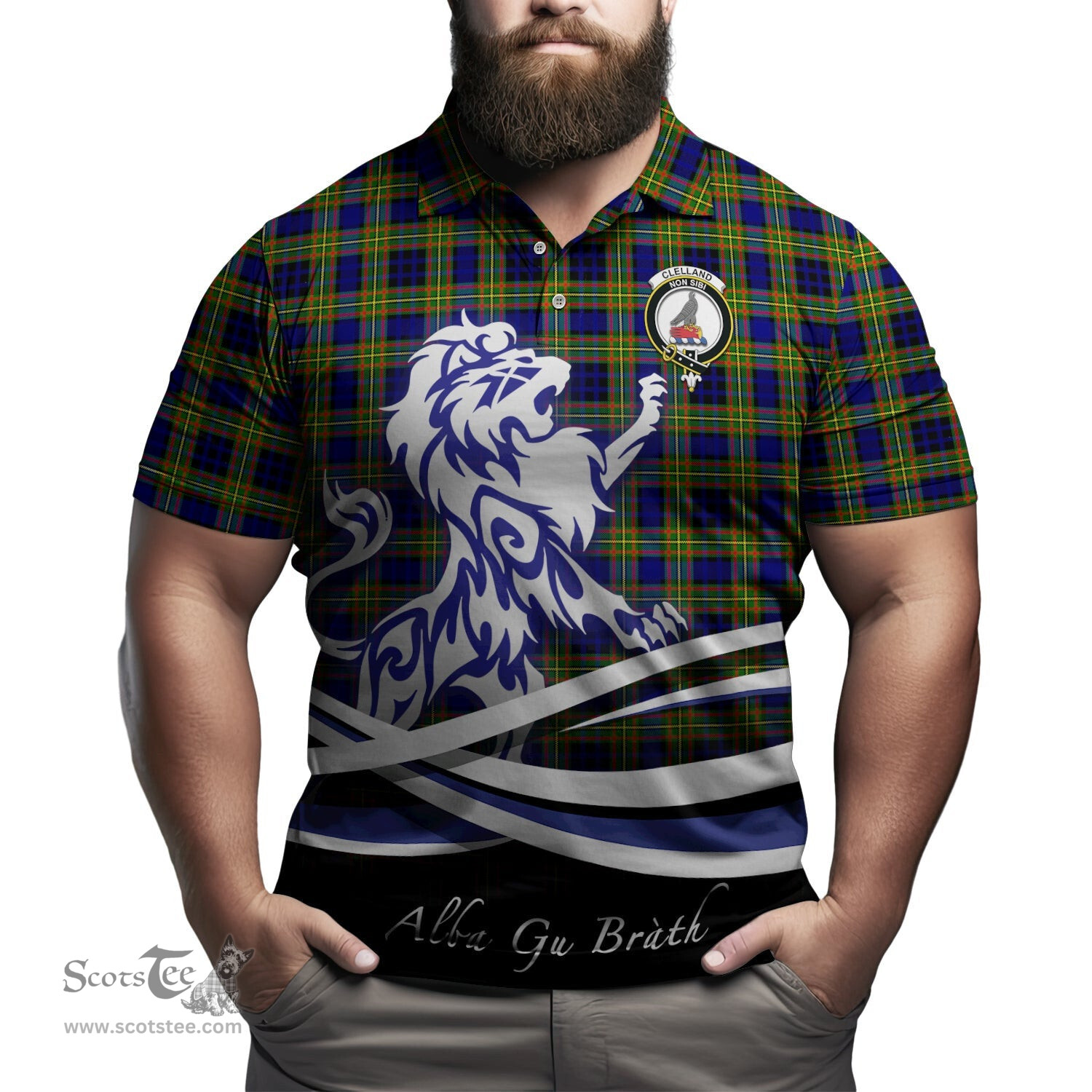ScotsTee Shop Scottish Clelland Modern Clan Crest Tartan Polo Shirt Alba Gu Brath Regal Lion Emblem