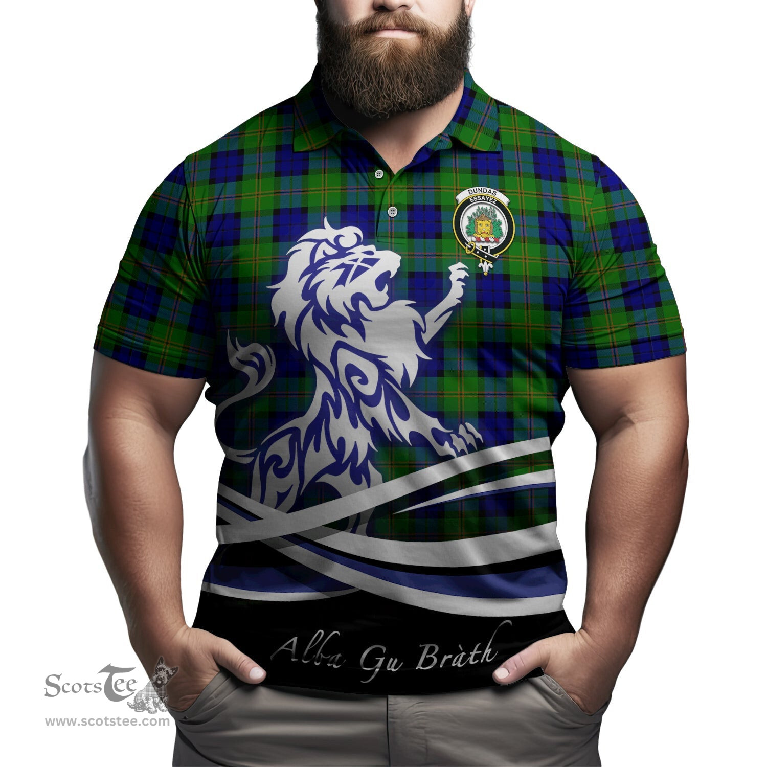 ScotsTee Shop Scottish Dundas Modern Clan Crest Tartan Polo Shirt Alba Gu Brath Regal Lion Emblem