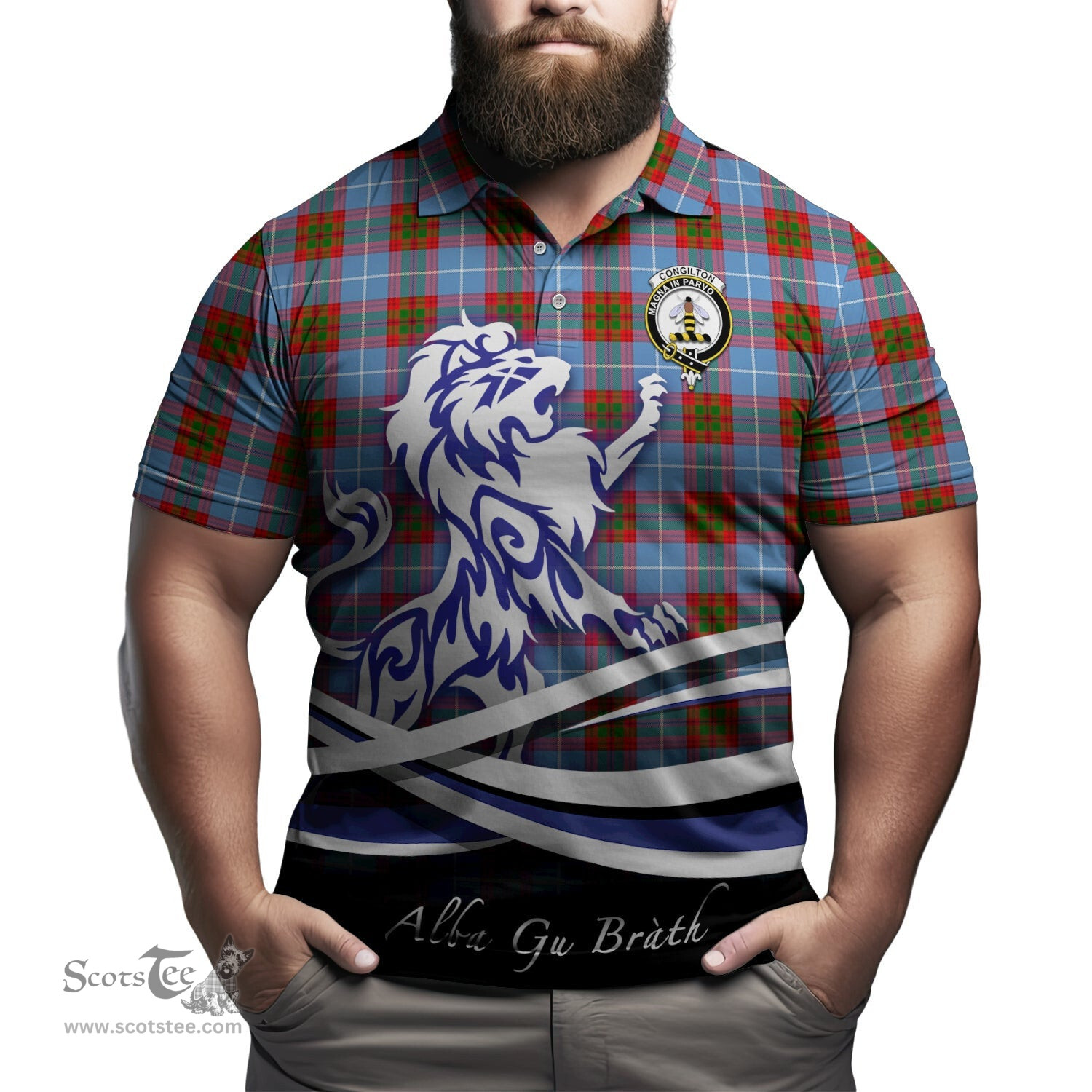 ScotsTee Shop Scottish Congilton Clan Crest Tartan Polo Shirt Alba Gu Brath Regal Lion Emblem