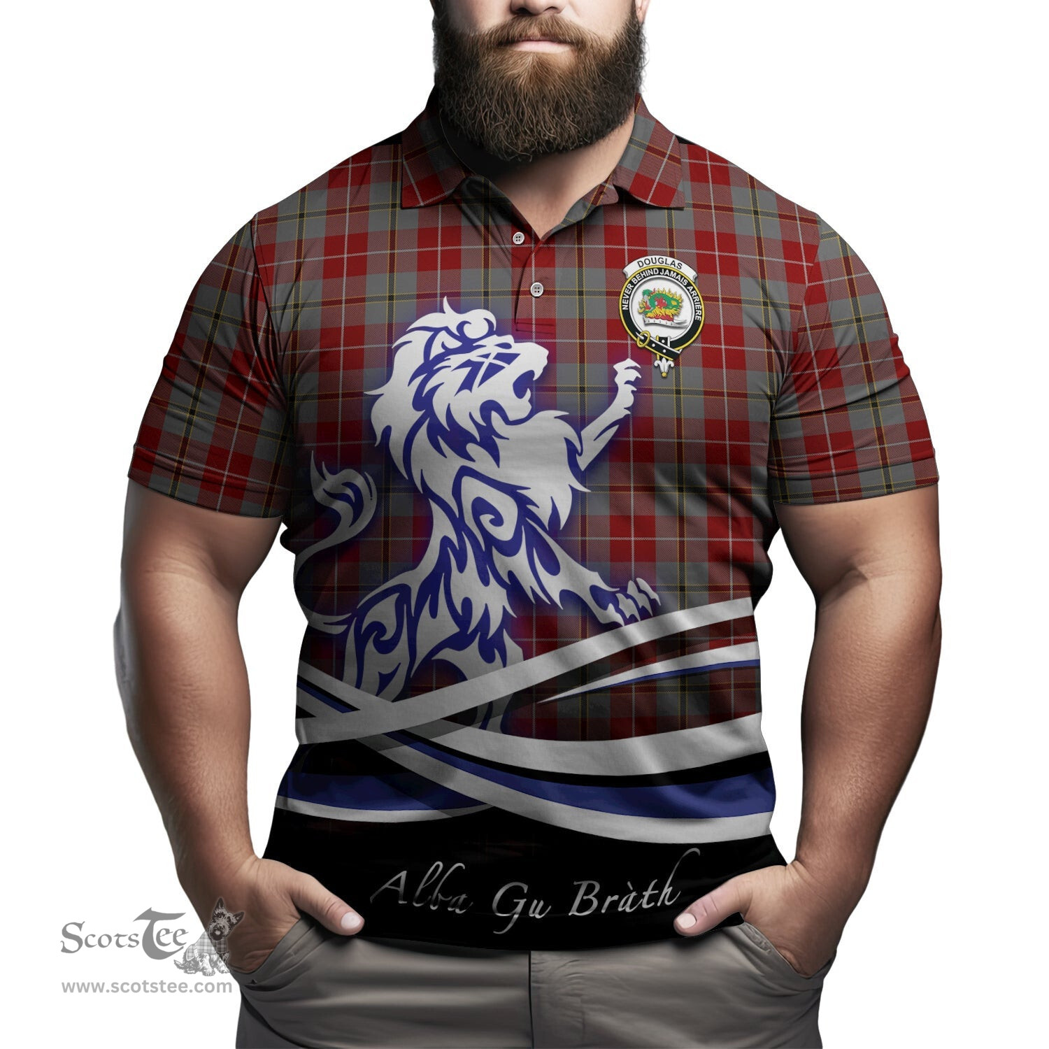 ScotsTee Shop Scottish Douglas Ancient Red Clan Crest Tartan Polo Shirt Alba Gu Brath Regal Lion Emblem