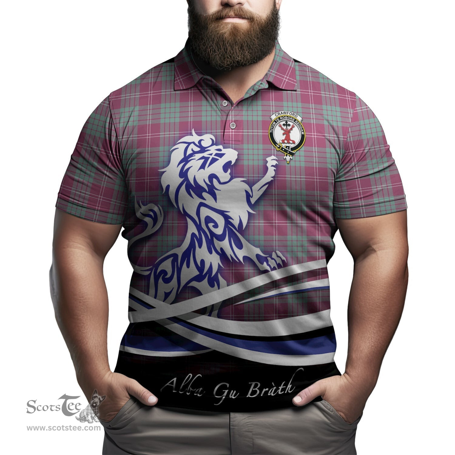 ScotsTee Shop Scottish Crawford Ancient Clan Crest Tartan Polo Shirt Alba Gu Brath Regal Lion Emblem