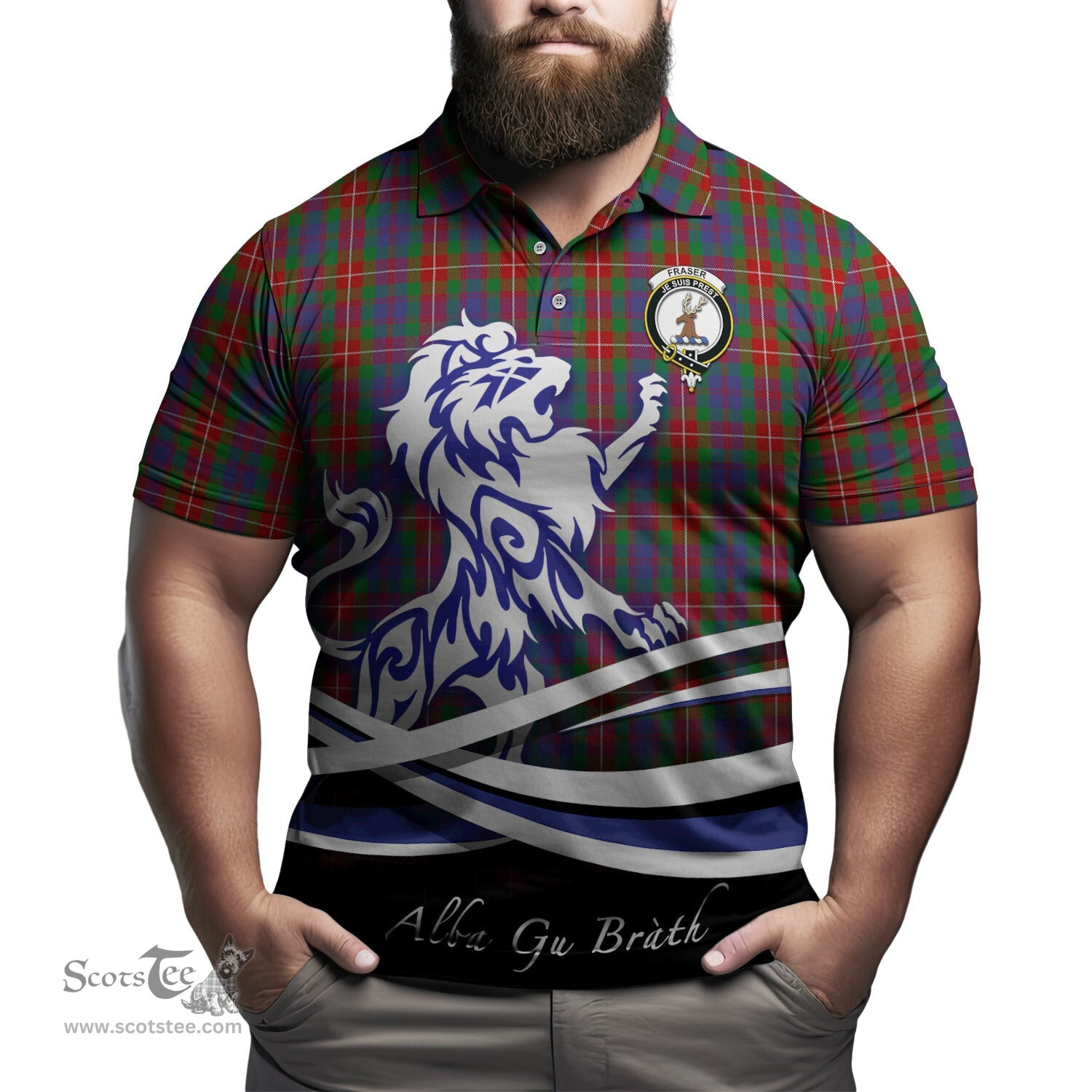 ScotsTee Shop Scottish Fraser of Lovat Clan Crest Tartan Polo Shirt Alba Gu Brath Regal Lion Emblem