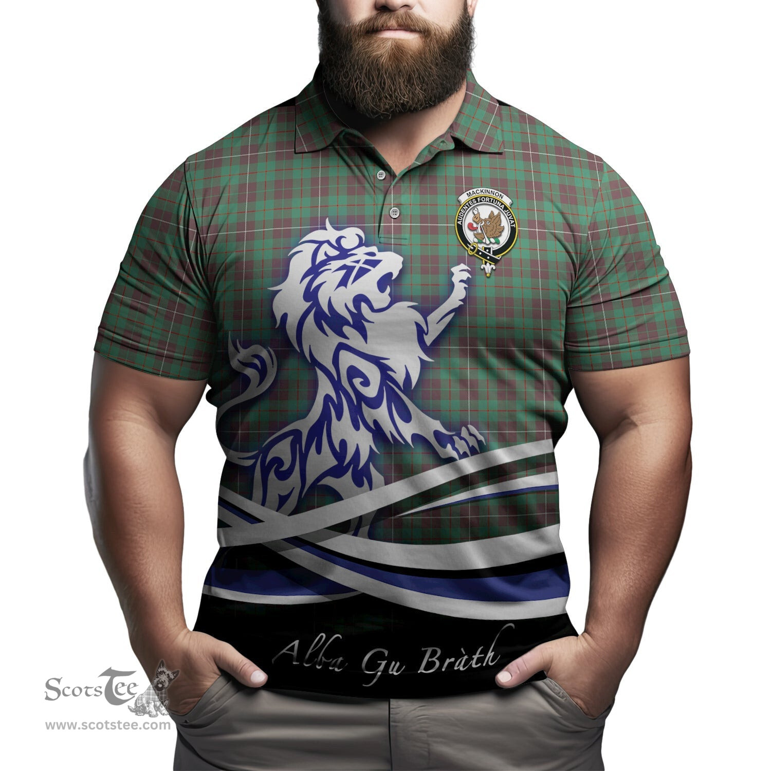 ScotsTee Shop Scottish MacKinnon Hunting Ancient Clan Crest Tartan Polo Shirt Alba Gu Brath Regal Lion Emblem