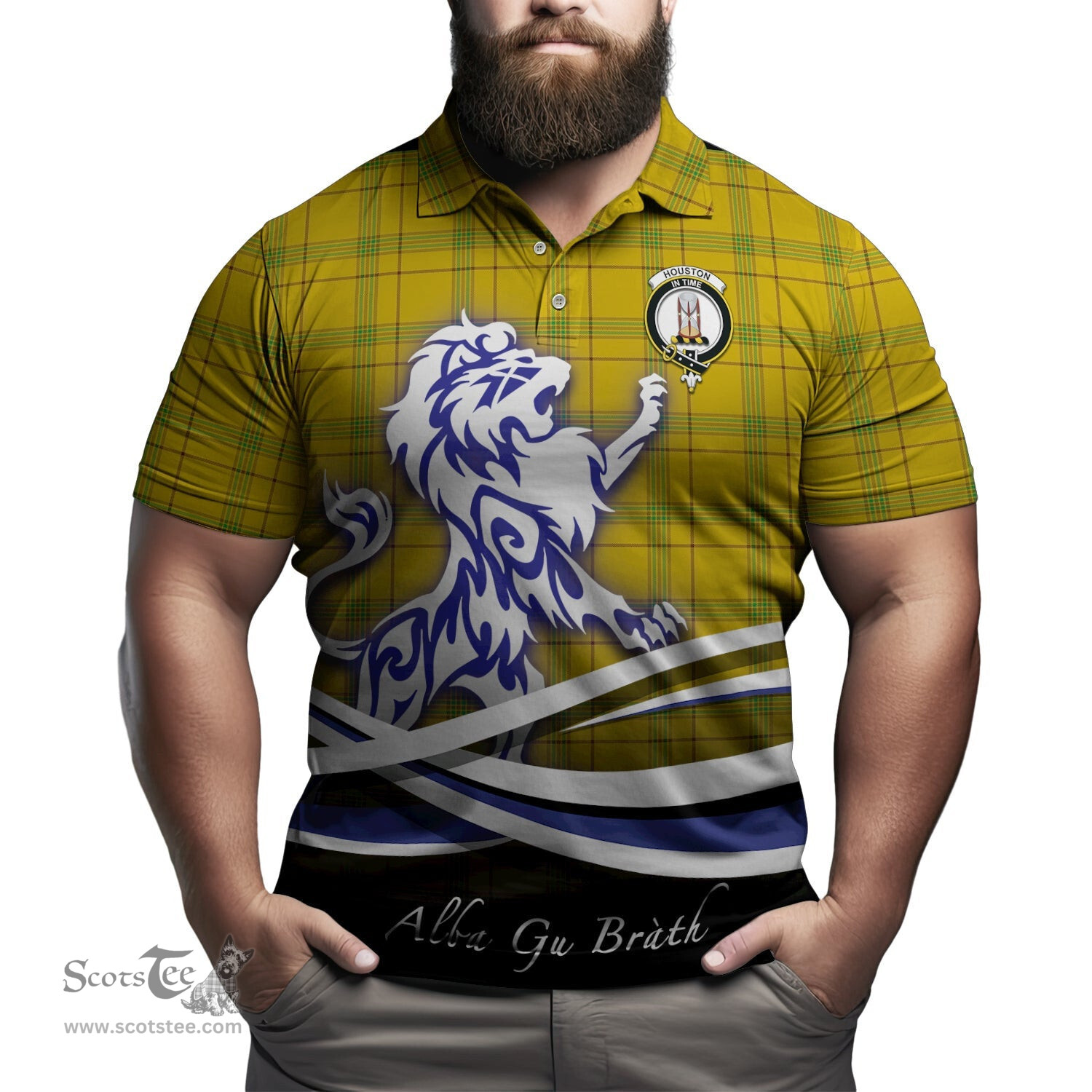 ScotsTee Shop Scottish Houston Clan Crest Tartan Polo Shirt Alba Gu Brath Regal Lion Emblem