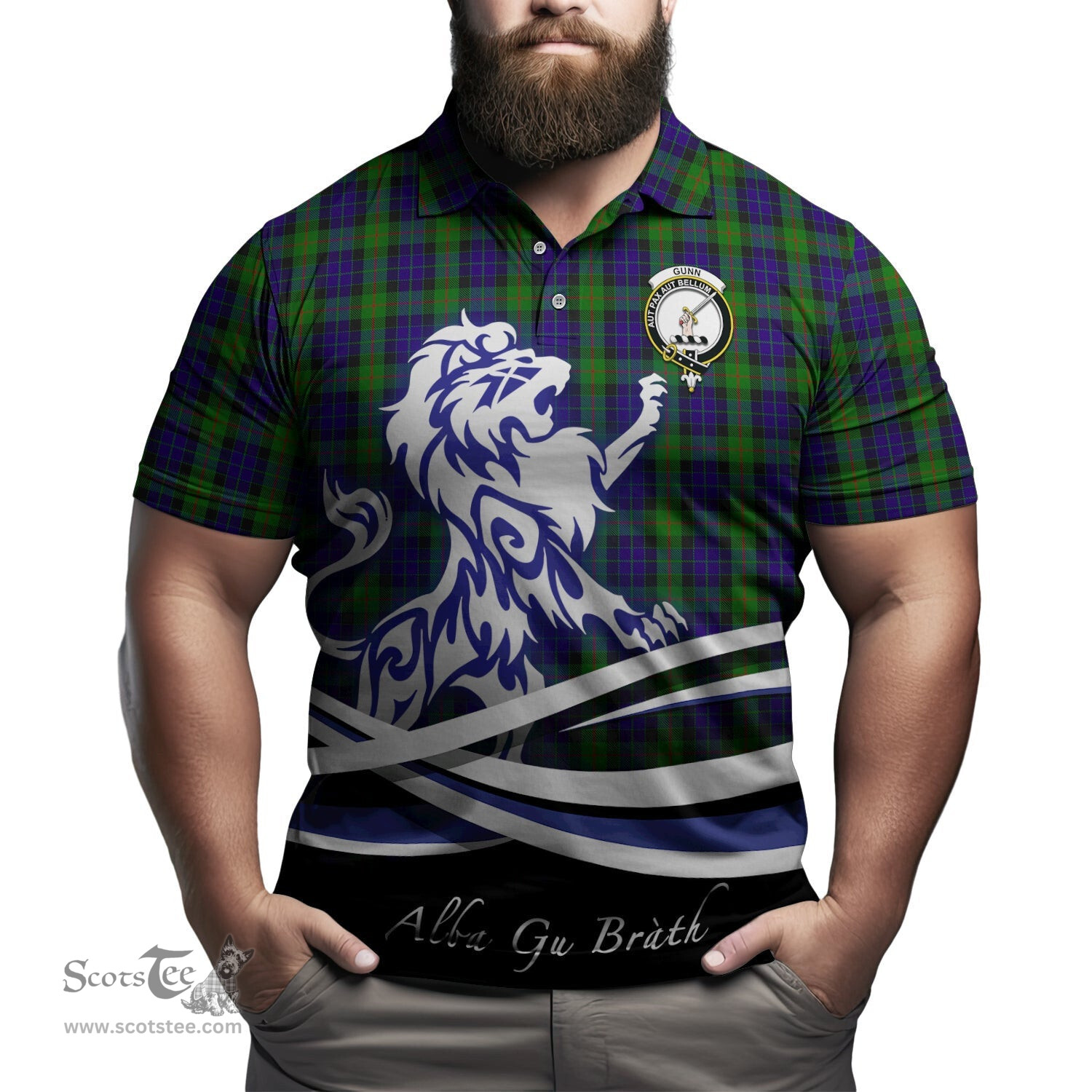 ScotsTee Shop Scottish Gunn Clan Crest Tartan Polo Shirt Alba Gu Brath Regal Lion Emblem