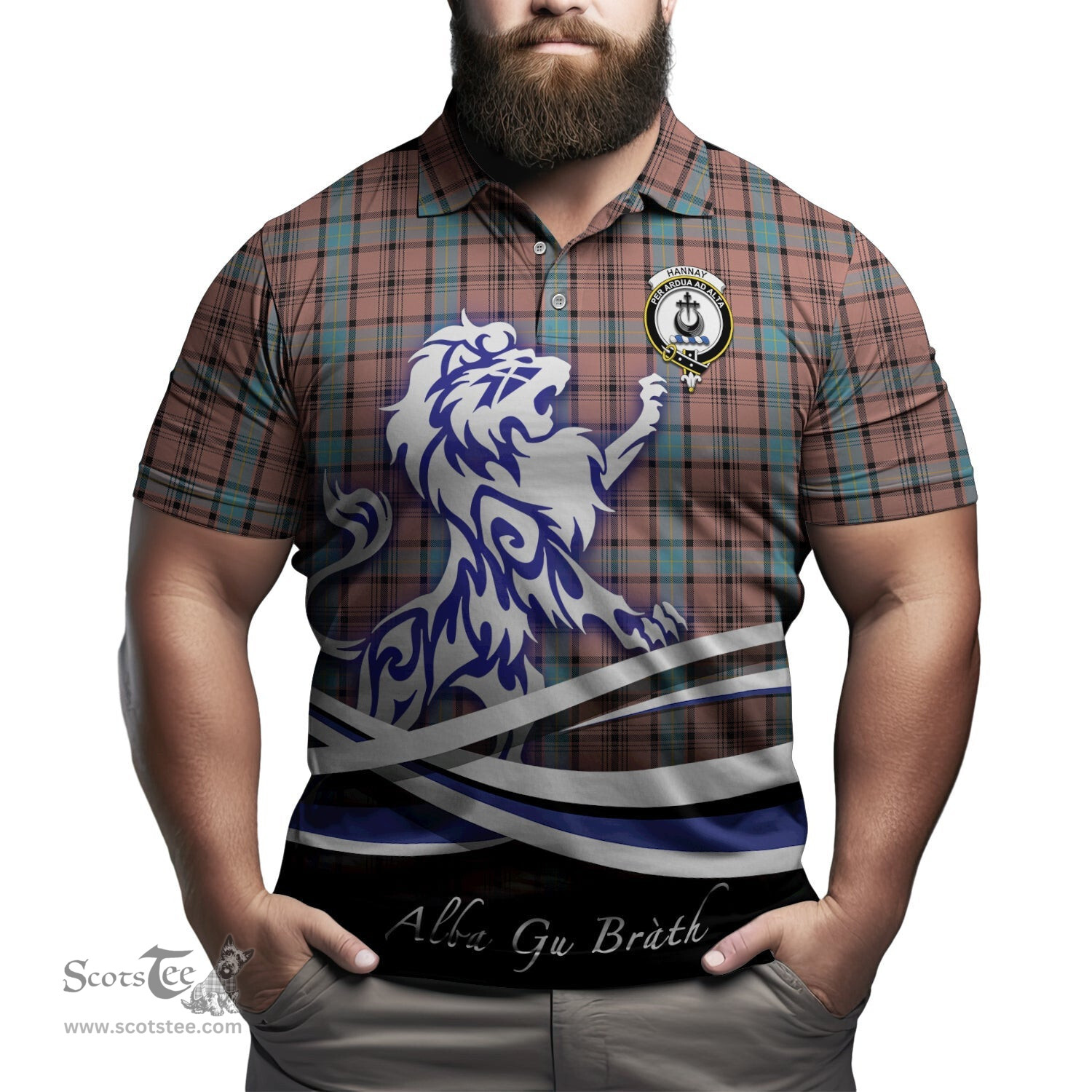 ScotsTee Shop Scottish Hannay Dress Clan Crest Tartan Polo Shirt Alba Gu Brath Regal Lion Emblem