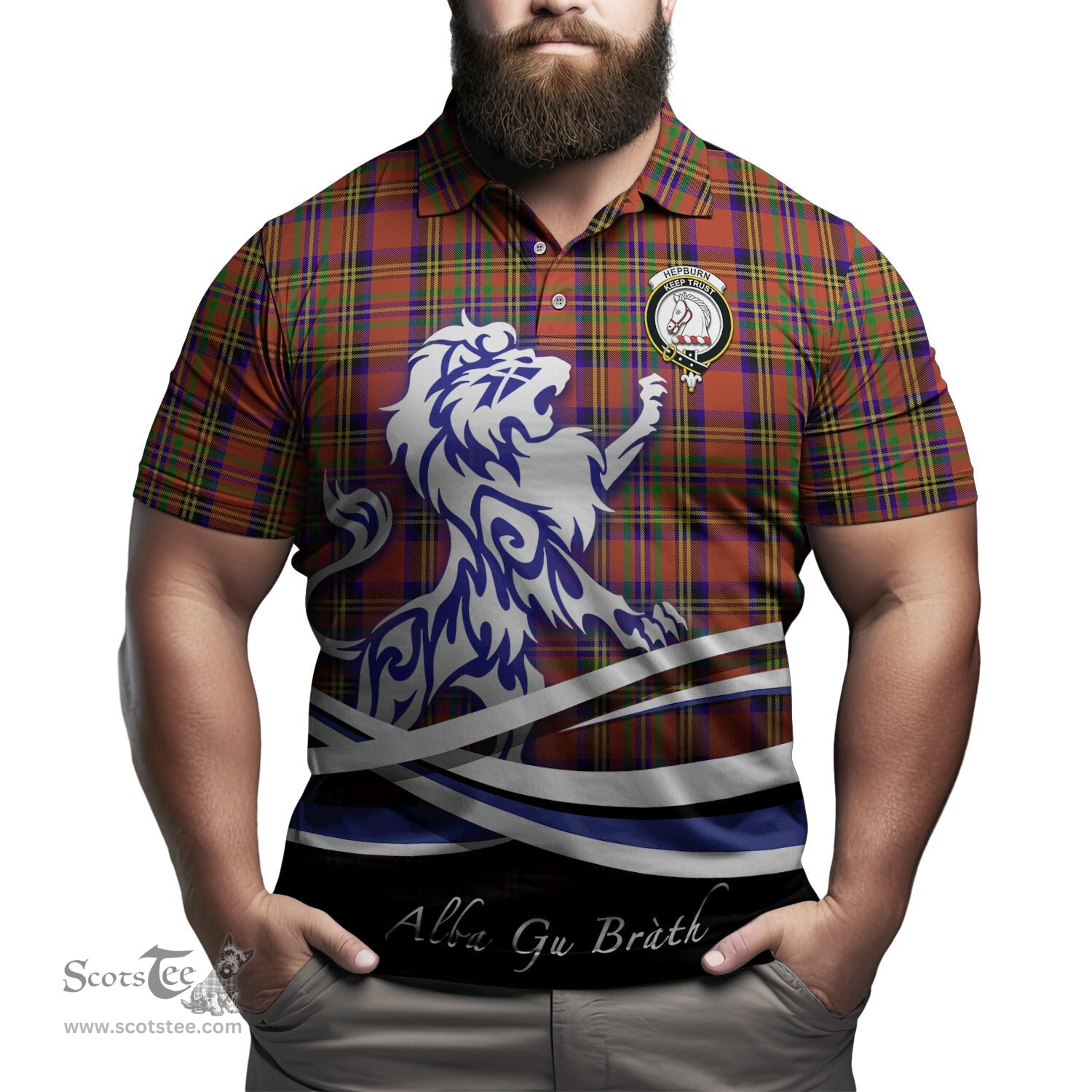 ScotsTee Shop Scottish Hepburn Clan Crest Tartan Polo Shirt Alba Gu Brath Regal Lion Emblem