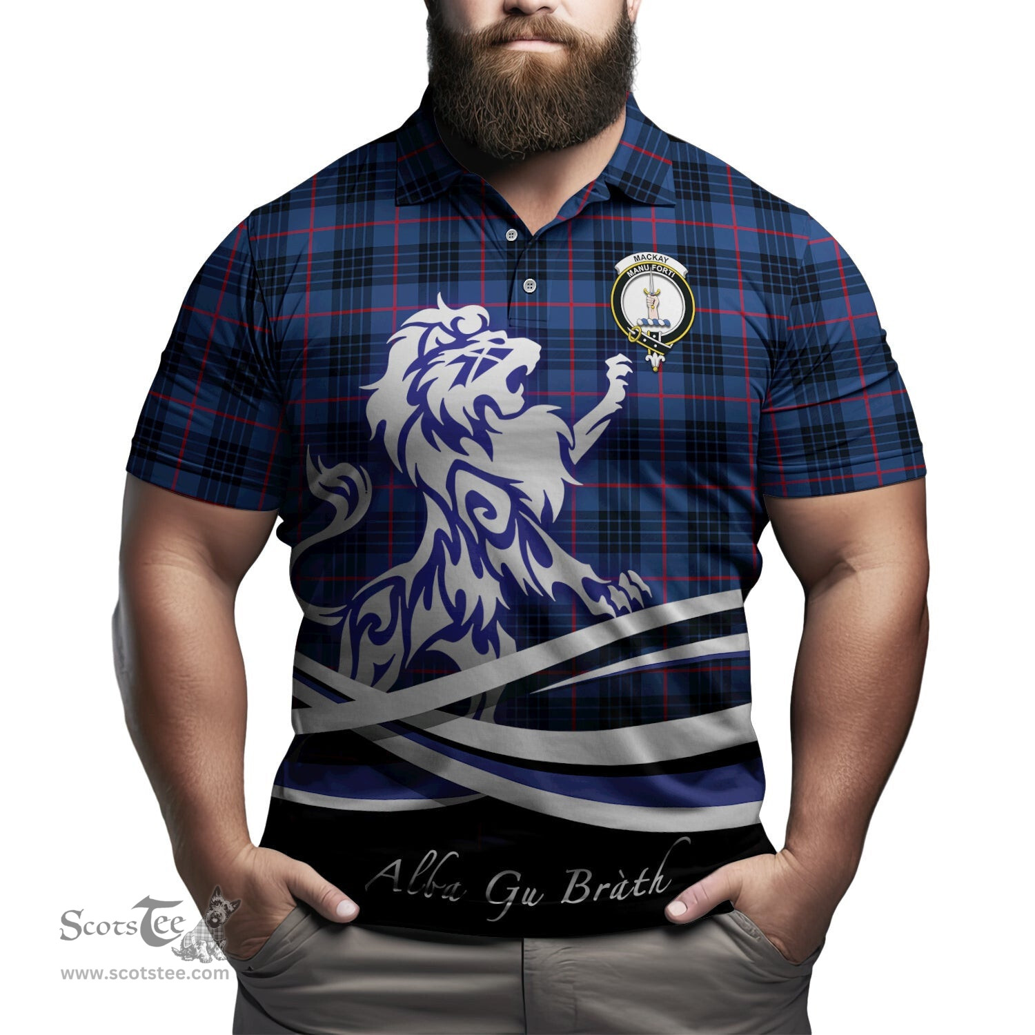 ScotsTee Shop Scottish MacKay Blue Modern Clan Crest Tartan Polo Shirt Alba Gu Brath Regal Lion Emblem