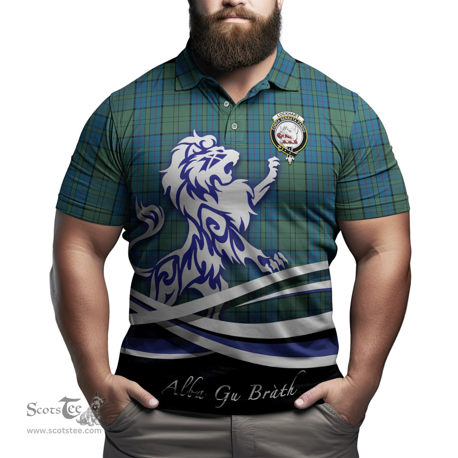 ScotsTee Shop Scottish Lockhart Clan Crest Tartan Polo Shirt Alba Gu Brath Regal Lion Emblem