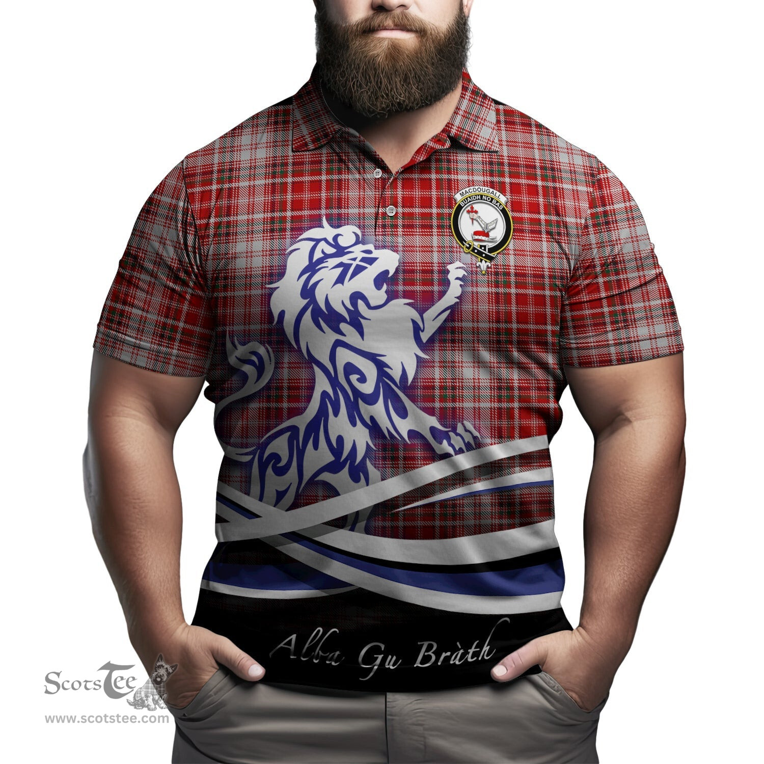 ScotsTee Shop Scottish MacDougall Dress Clan Crest Tartan Polo Shirt Alba Gu Brath Regal Lion Emblem