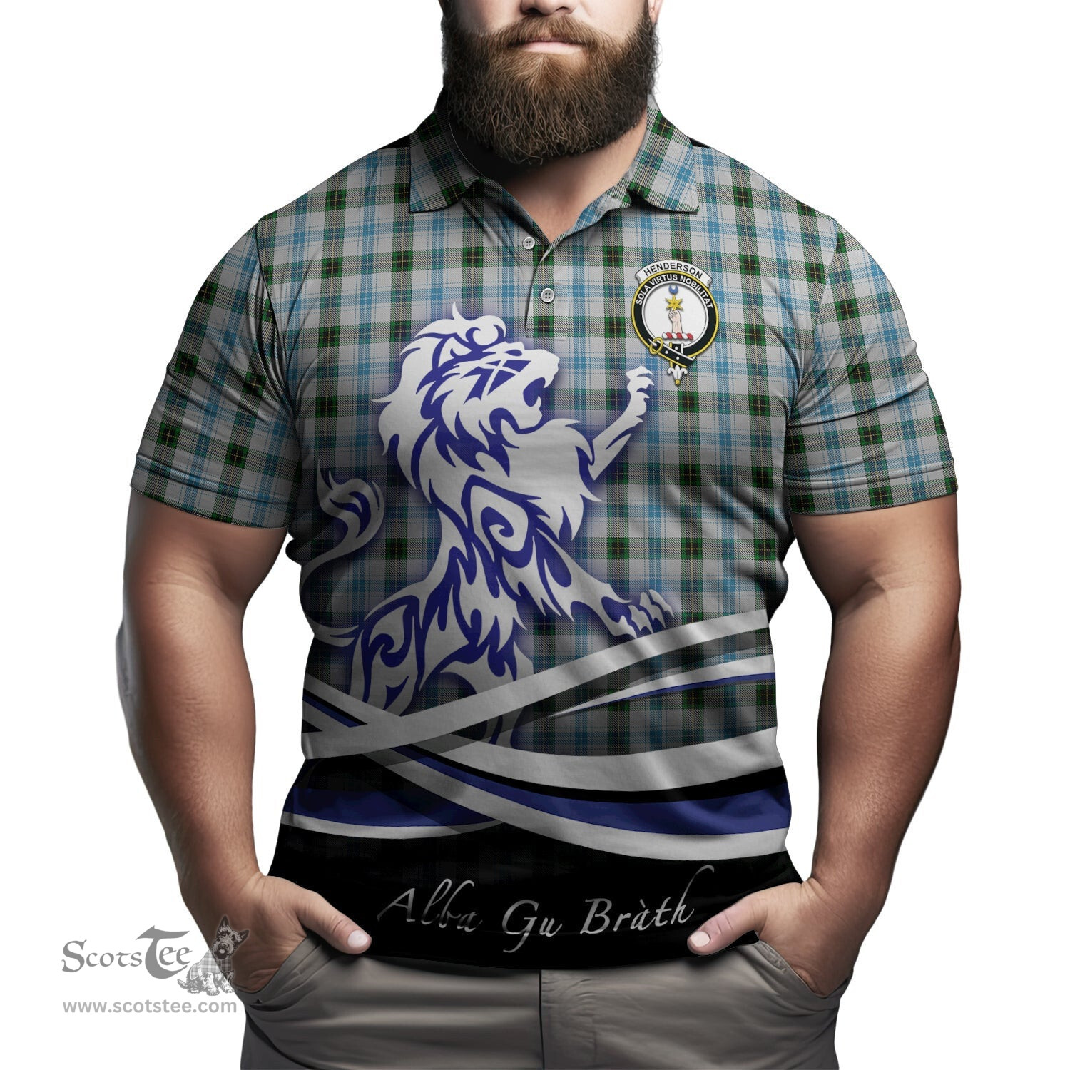ScotsTee Shop Scottish Henderson Dress Clan Crest Tartan Polo Shirt Alba Gu Brath Regal Lion Emblem