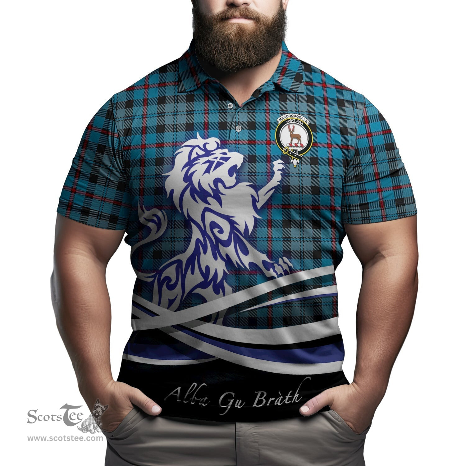 ScotsTee Shop Scottish MacCorquodale Clan Crest Tartan Polo Shirt Alba Gu Brath Regal Lion Emblem