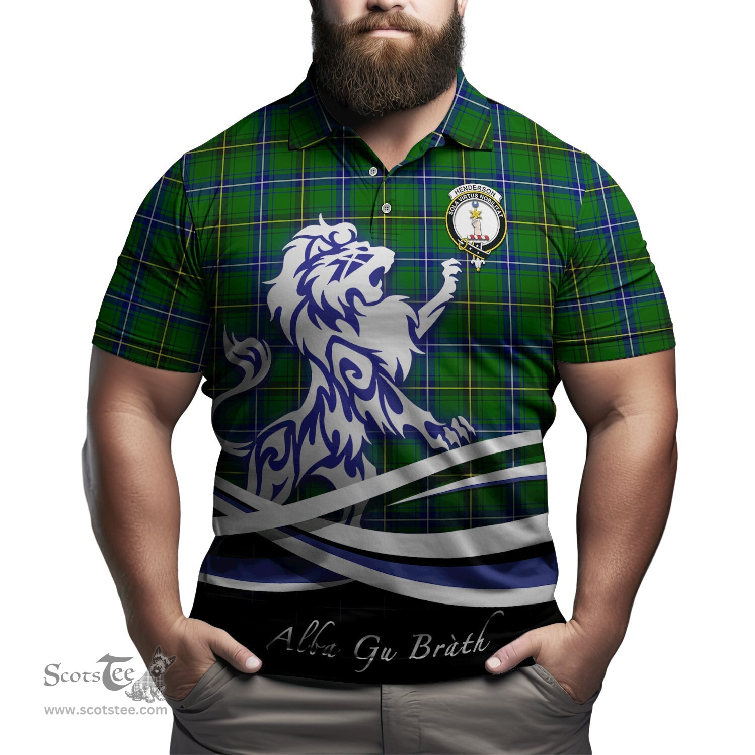 ScotsTee Shop Scottish Henderson Modern Clan Crest Tartan Polo Shirt Alba Gu Brath Regal Lion Emblem