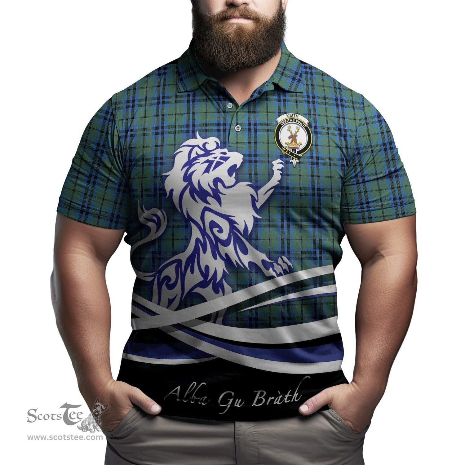 ScotsTee Shop Scottish Keith Clan Crest Tartan Polo Shirt Alba Gu Brath Regal Lion Emblem